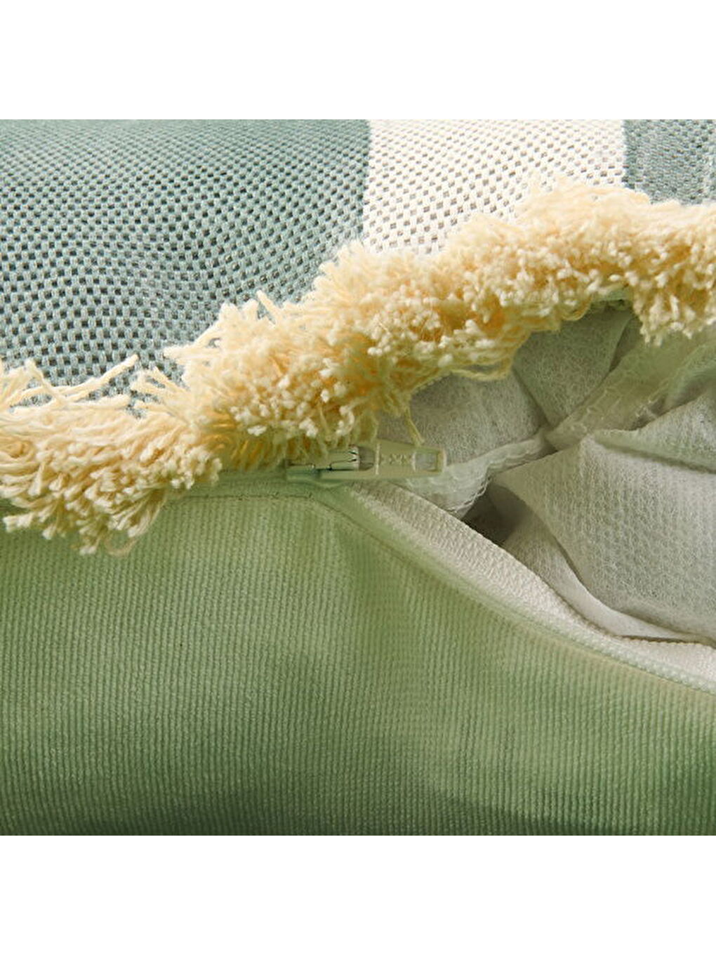 Mor Soft Line Saçaklı Kırlent - Yeşil / Ekru - 35x55 cm-3