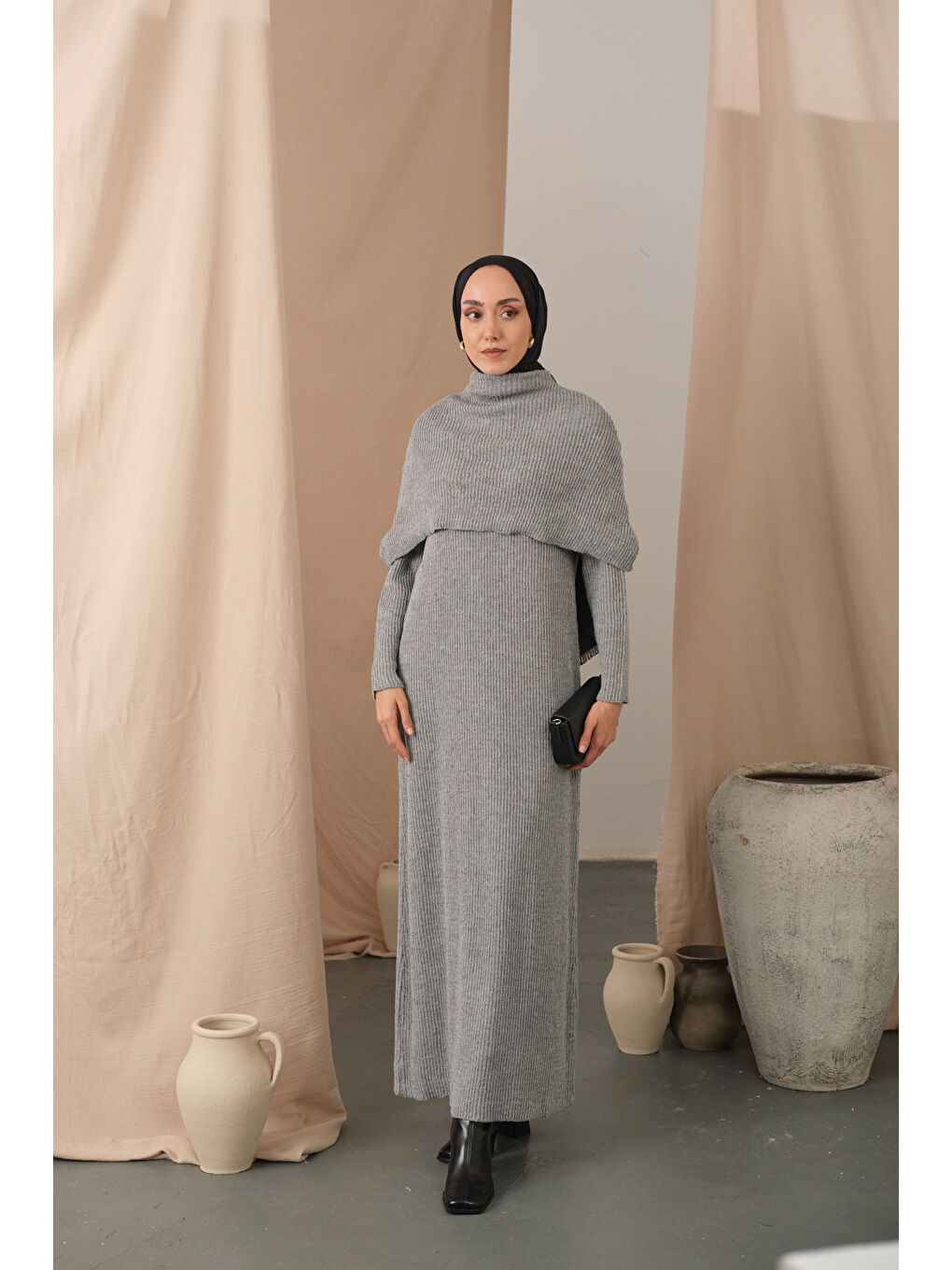 Kadın Pelerin Yaka Elbise Gri-3
