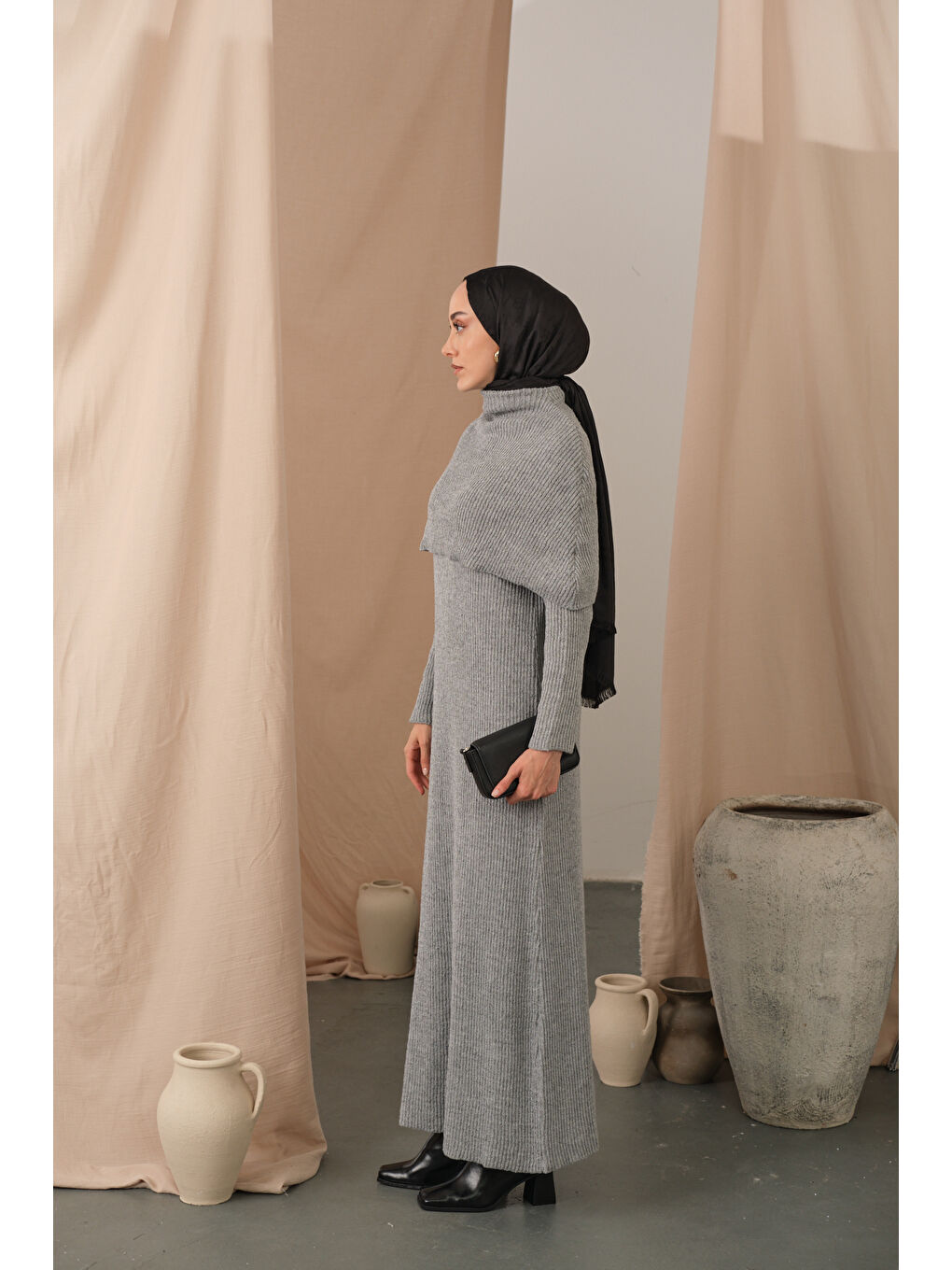 Kadın Pelerin Yaka Elbise Gri-4