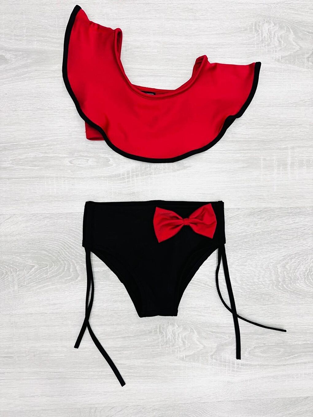 Kırmızı Kız Çocuk 2'li Mayo Takımı (Bağcıklı ve Fiyonklu Alt+Tek Kol Üst) Takımı 2-10 Yaş 12230