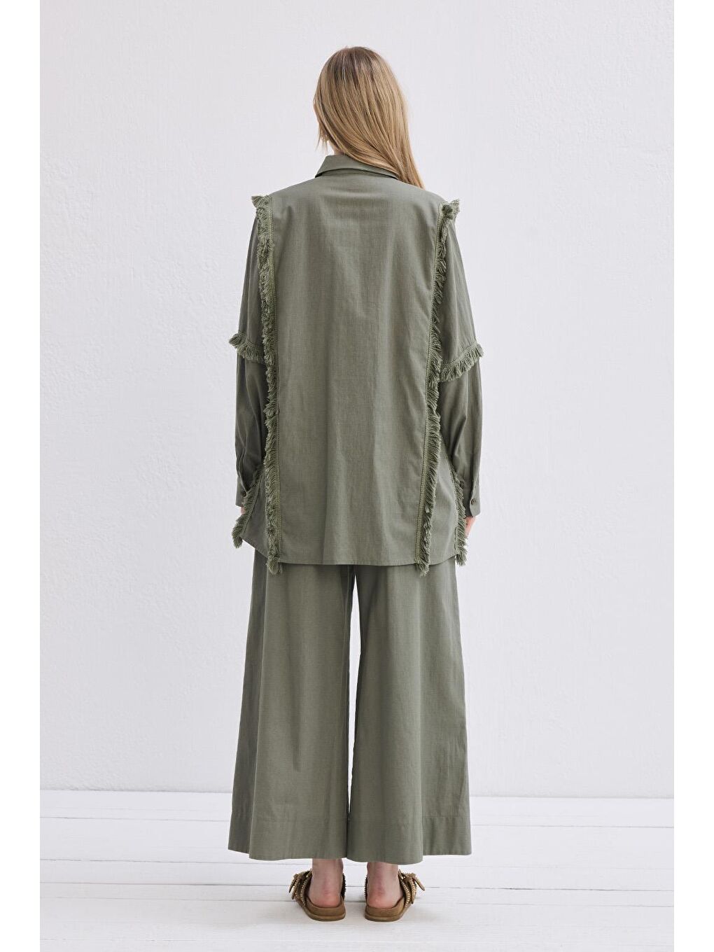 Doria Püsküllü Keten Gömlek Haki Yeşil-3