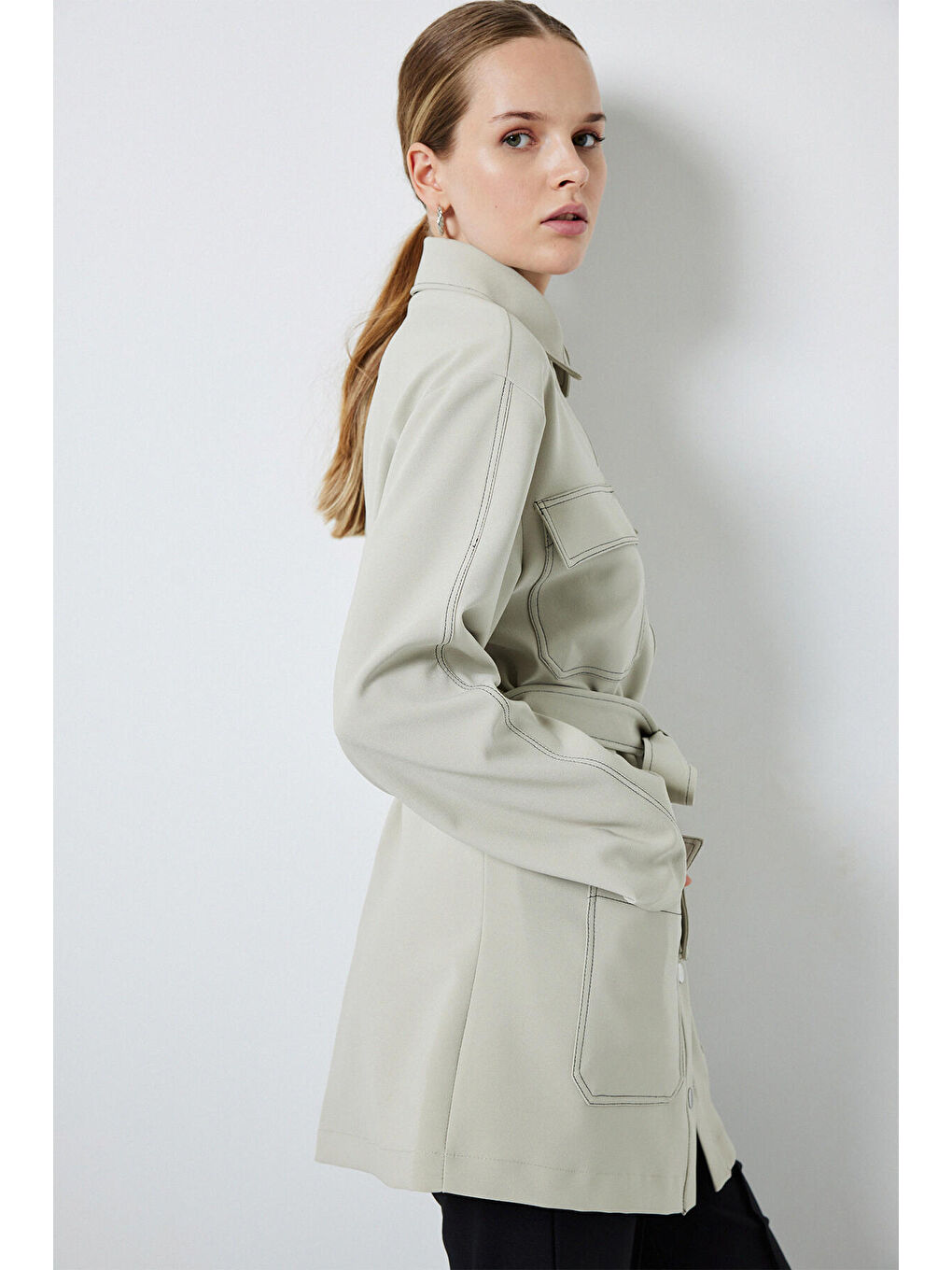 Bej Beli Kuşaklı Ceket-2