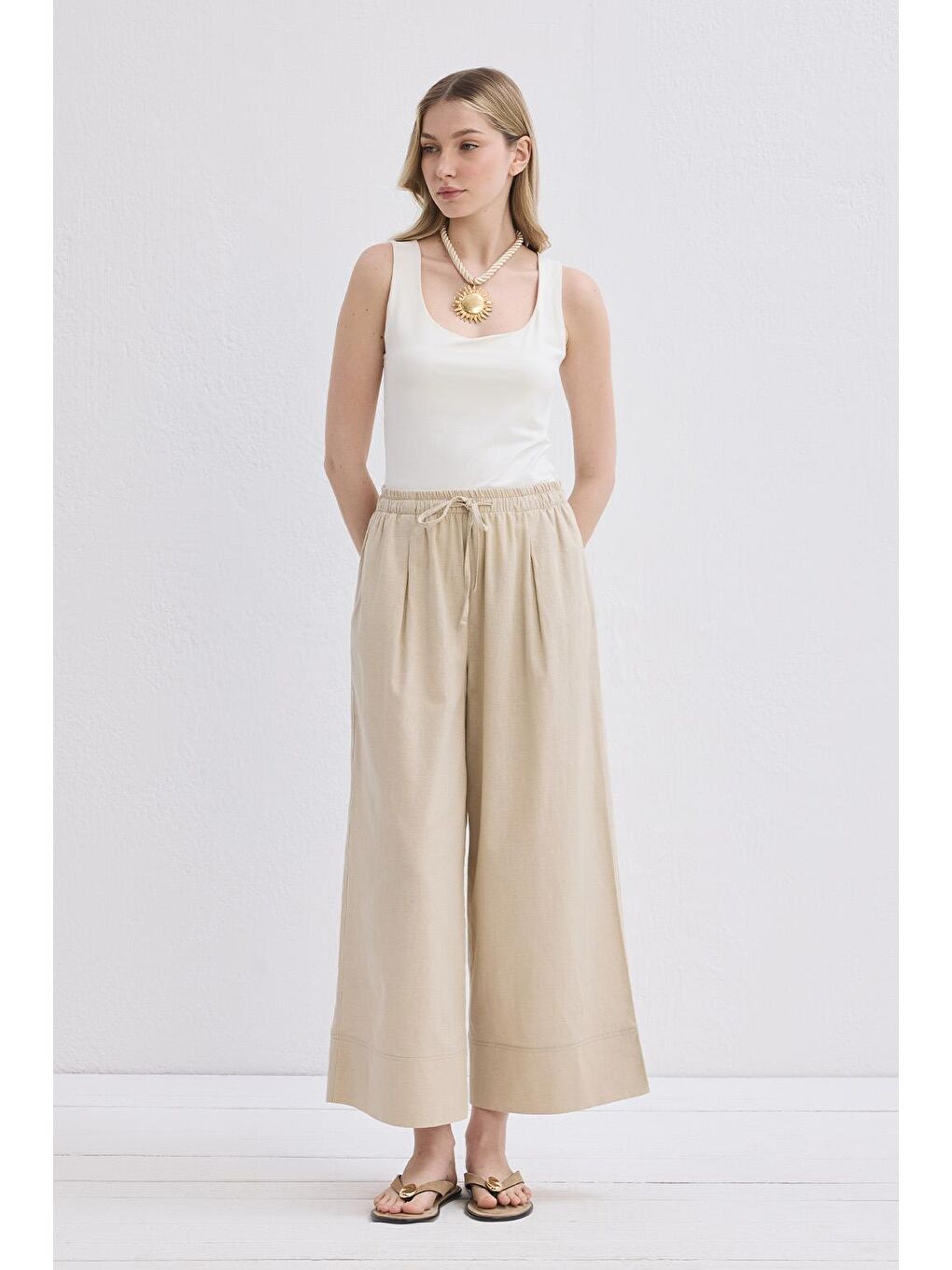 Bej Doren Keten Pantolon Naturel