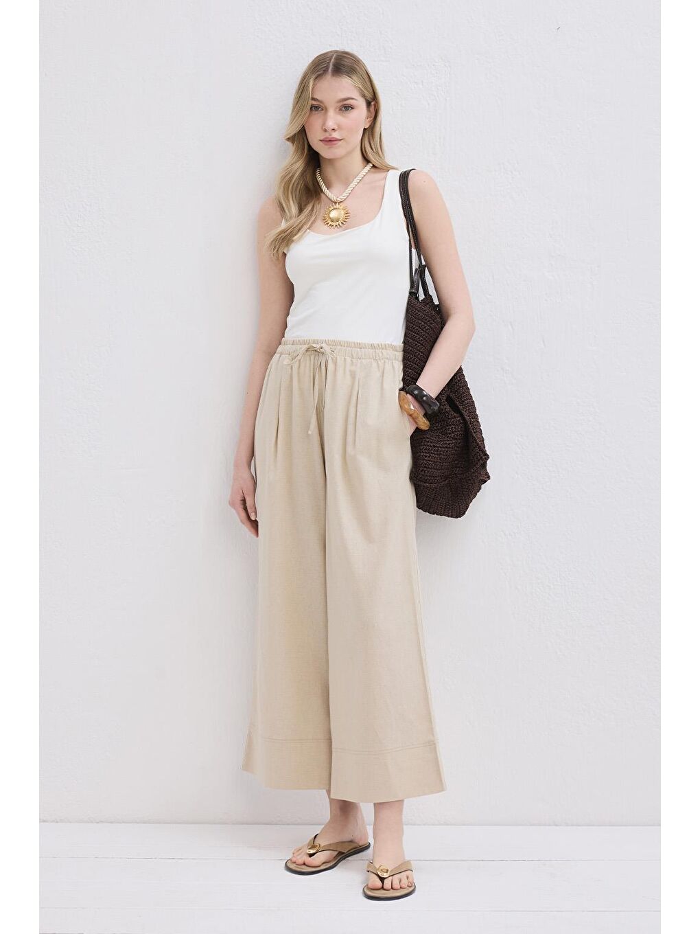 Bej Doren Keten Pantolon Naturel-1