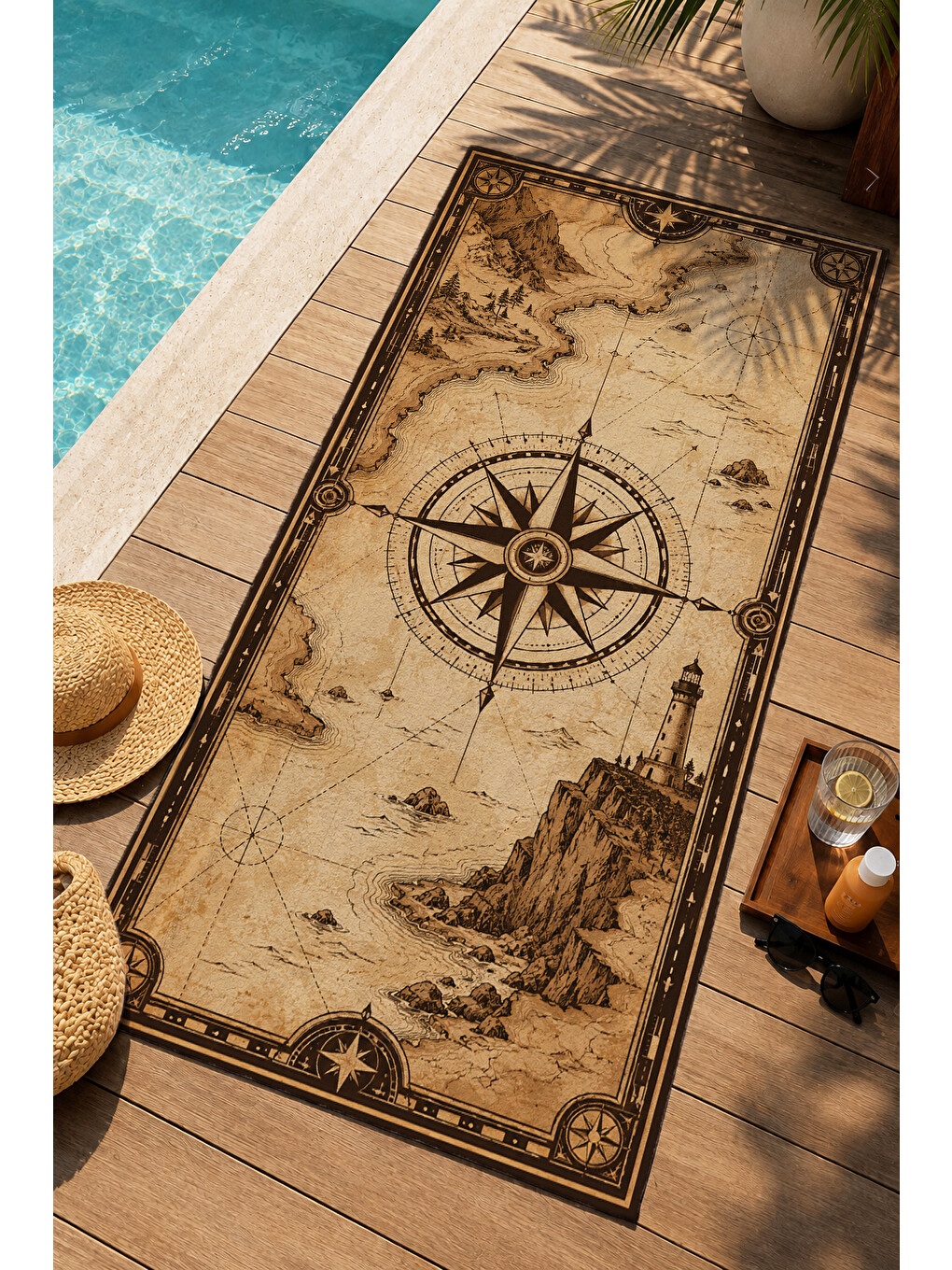 Bej Vintage Denizci Haritası Pusula Desenli 70x150 Plaj Havlusu - Dijital Baskılı Banyo Havlusu-1