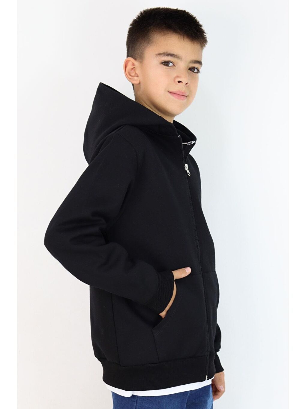 Erkek Çocuk Hırka Değişken Arma Baskılı Fermuarlı Cepli Siyah (8-10 Yaş)-1