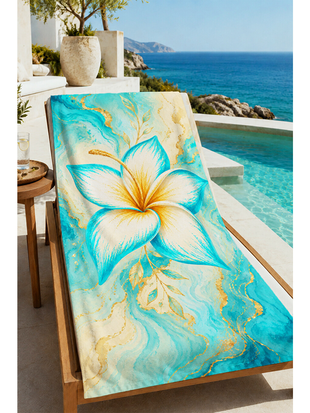 Suluboya Mavi Beyaz Plumeria Çiçek Desenli 70x150 Plaj Havlusu - Dijital Baskılı Banyo Havlusu