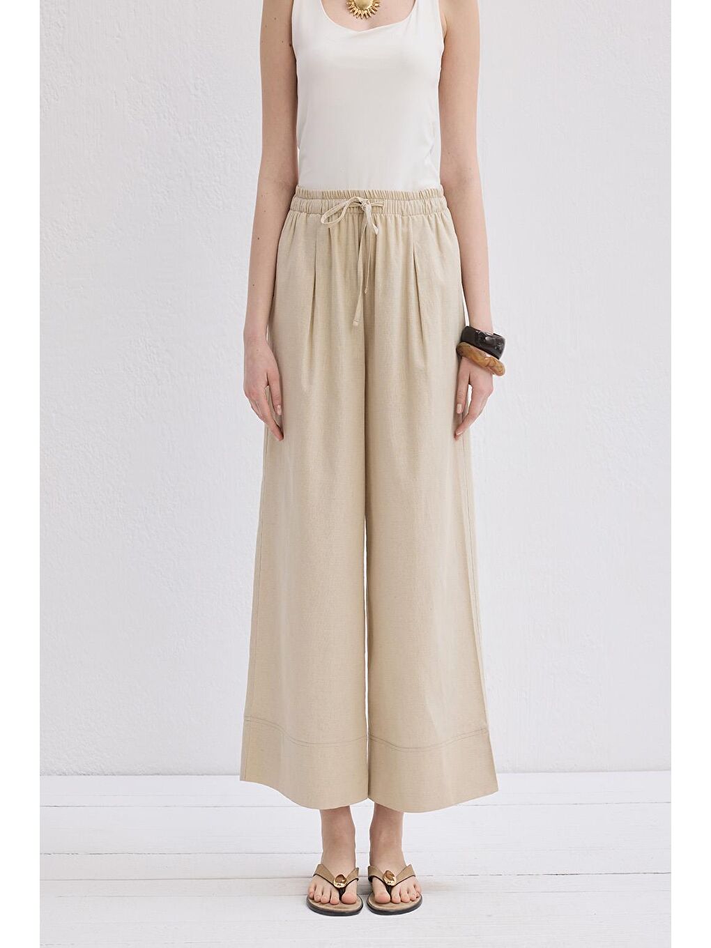 Bej Doren Keten Pantolon Naturel-2