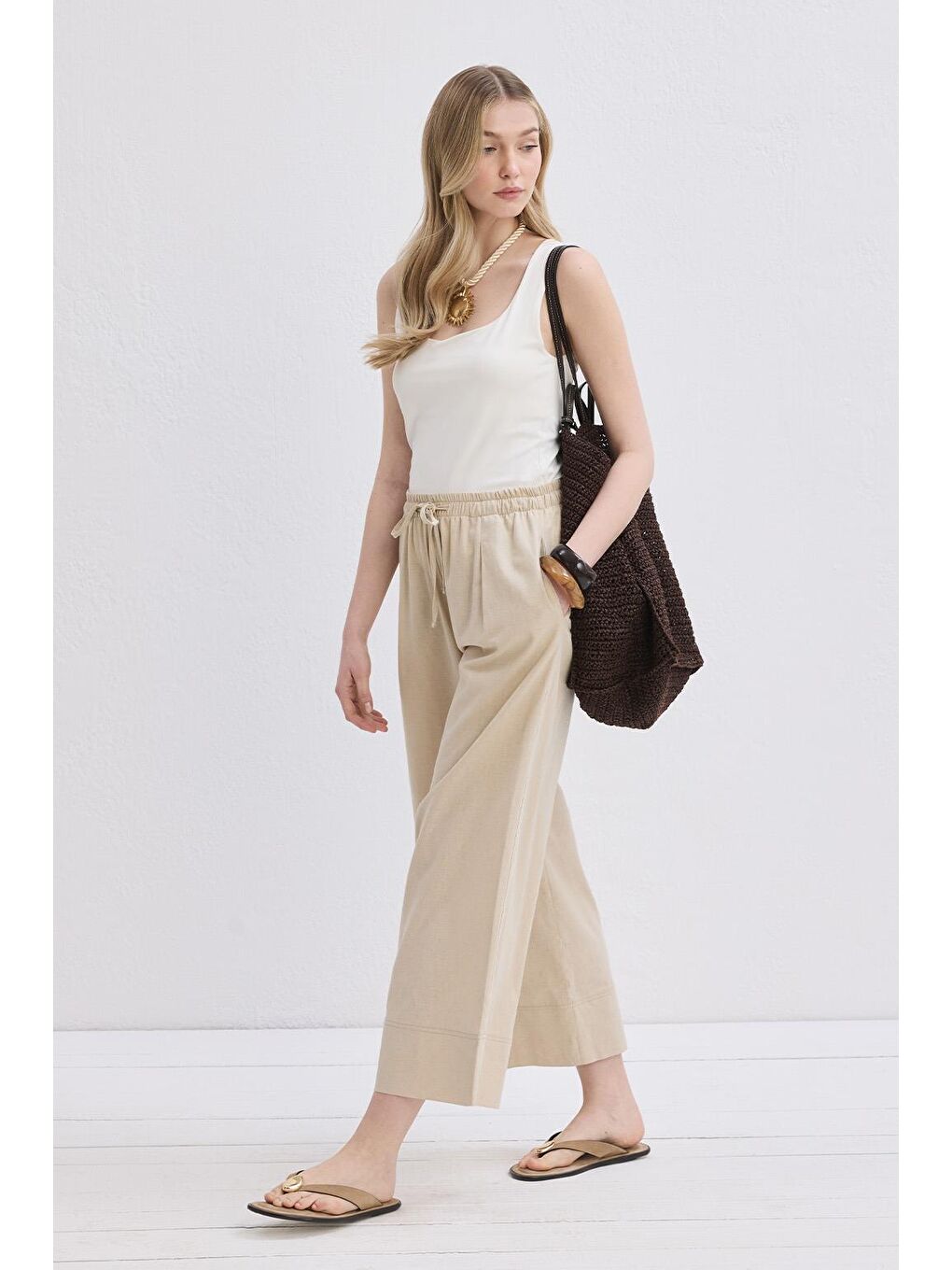 Bej Doren Keten Pantolon Naturel-3