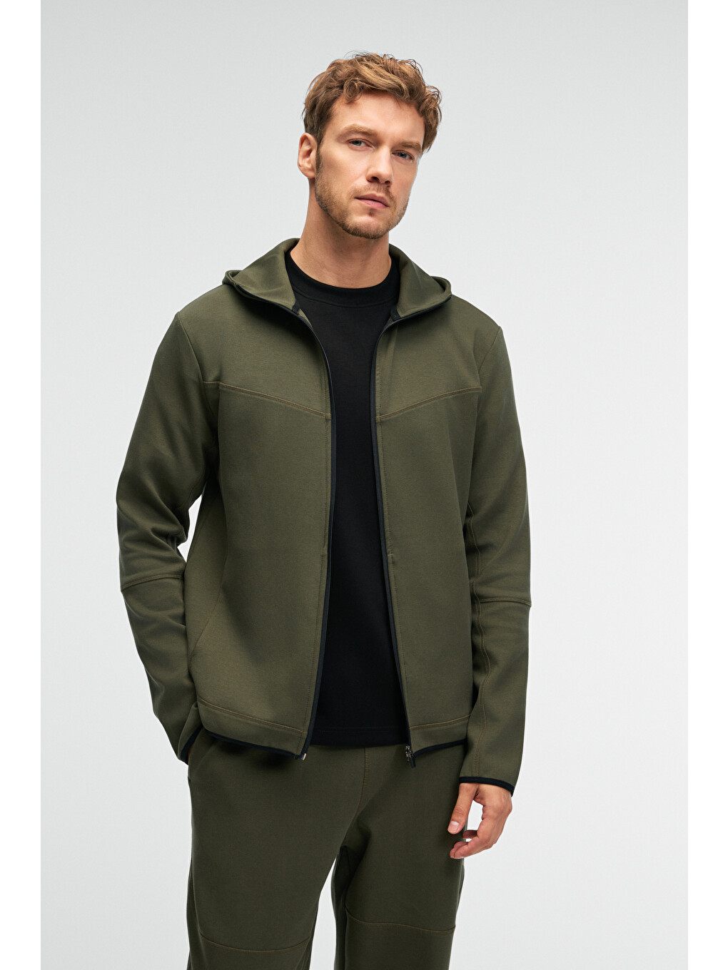 Avener Erkek Kapüşonlu Baskılı Fermuarlı Haki Sweatshirt-1