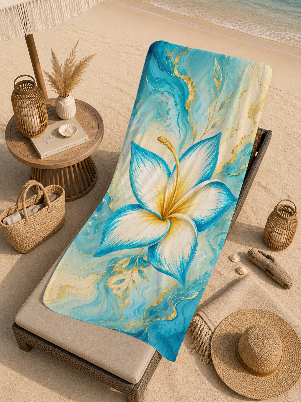 Suluboya Mavi Beyaz Plumeria Çiçek Desenli 70x150 Plaj Havlusu - Dijital Baskılı Banyo Havlusu-1