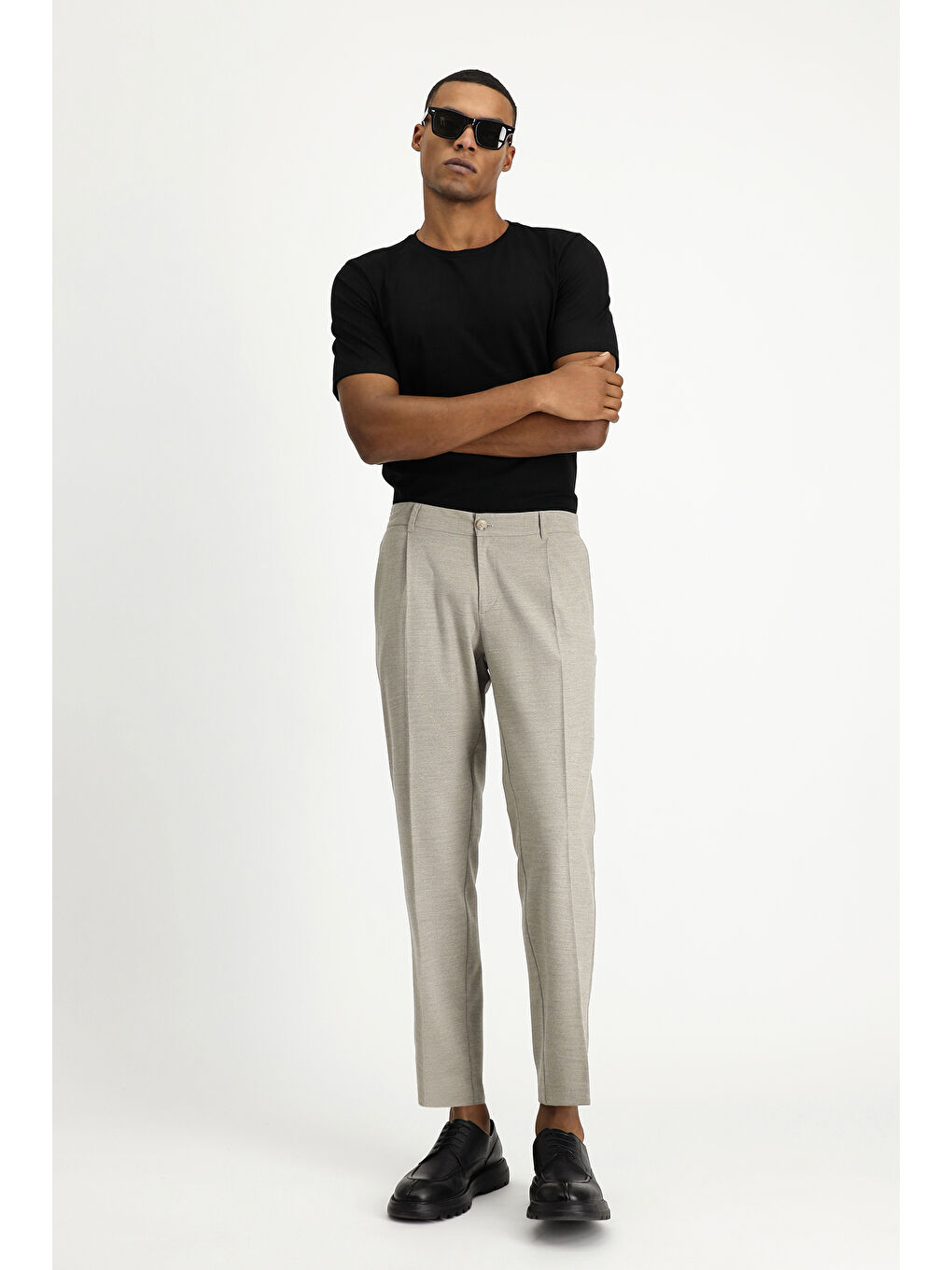 Bej Slim Fit Dar Kesim Elastanlı Pileli Klasik Kumaş Pantolon-3