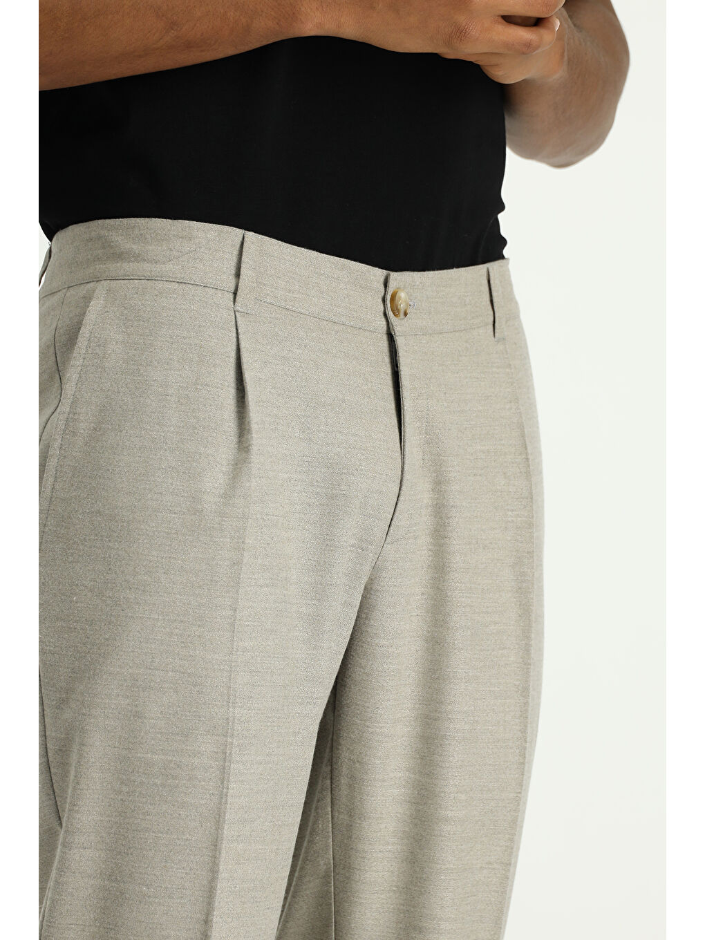 Bej Slim Fit Dar Kesim Elastanlı Pileli Klasik Kumaş Pantolon-4