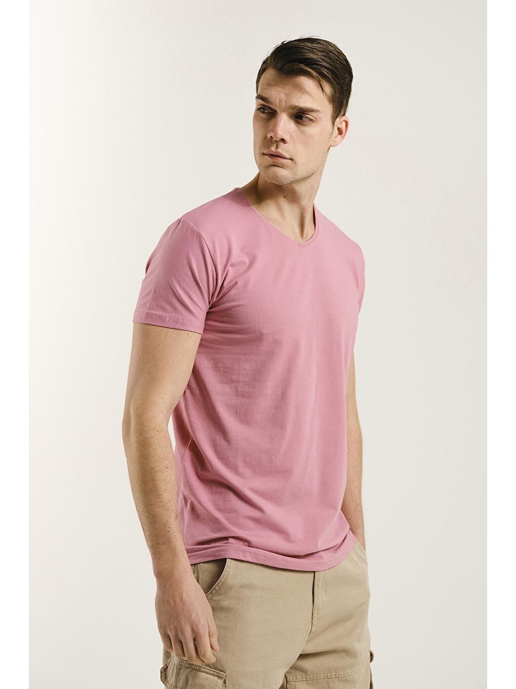 Oksit Pudra V Yaka Slim Fit Basic Erkek Tshirt - 1