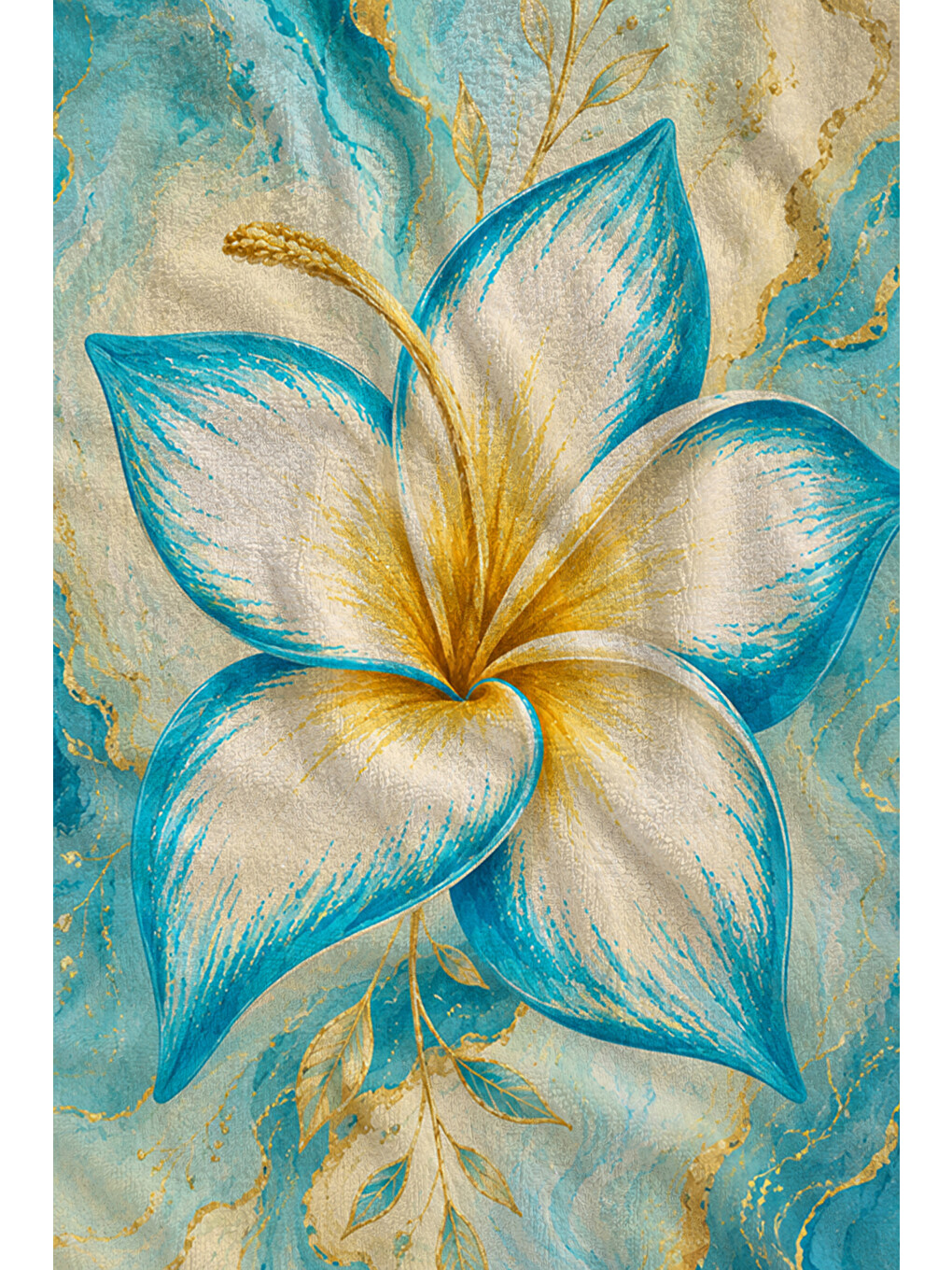 Suluboya Mavi Beyaz Plumeria Çiçek Desenli 70x150 Plaj Havlusu - Dijital Baskılı Banyo Havlusu-2