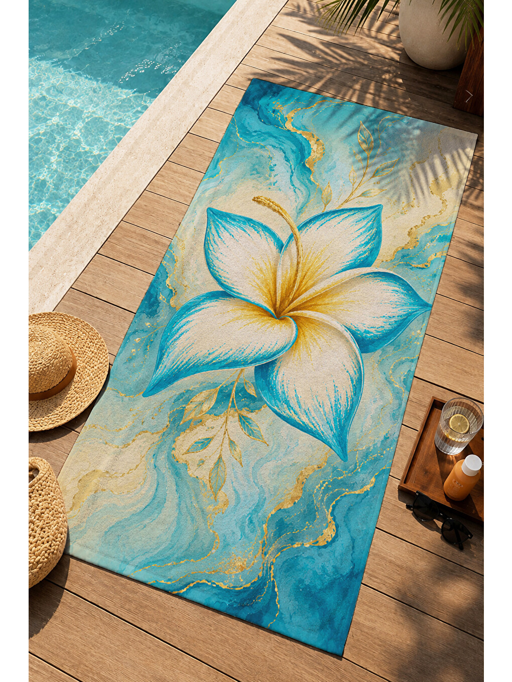 Suluboya Mavi Beyaz Plumeria Çiçek Desenli 70x150 Plaj Havlusu - Dijital Baskılı Banyo Havlusu-3