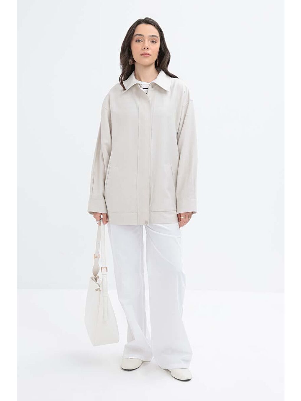 Bej Taş-Etek Ucu Lastikli Fermuarlı Ceket-2