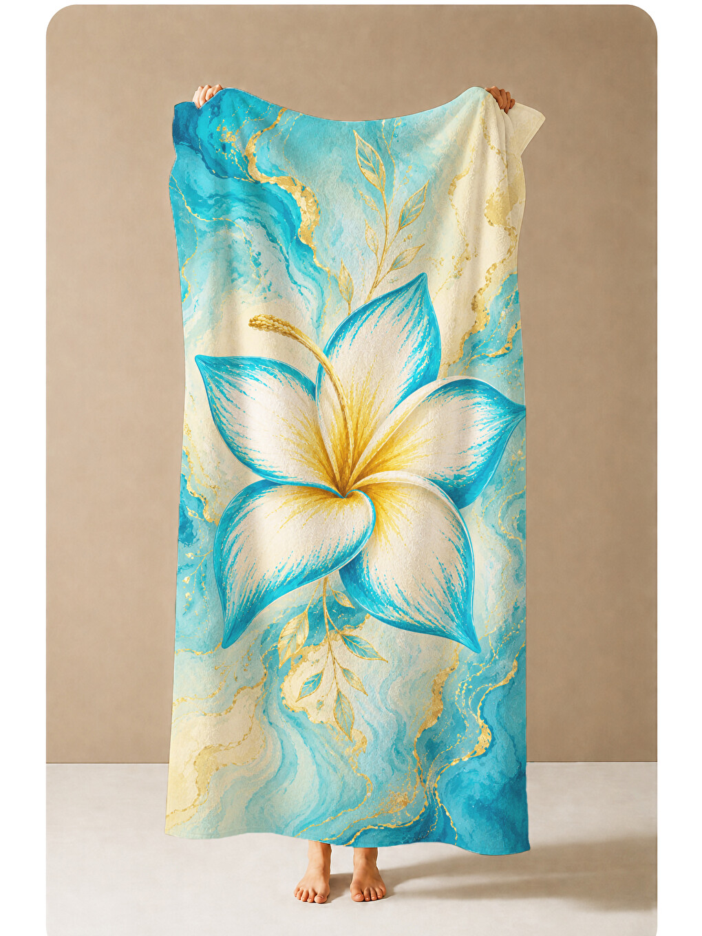 Suluboya Mavi Beyaz Plumeria Çiçek Desenli 70x150 Plaj Havlusu - Dijital Baskılı Banyo Havlusu-4