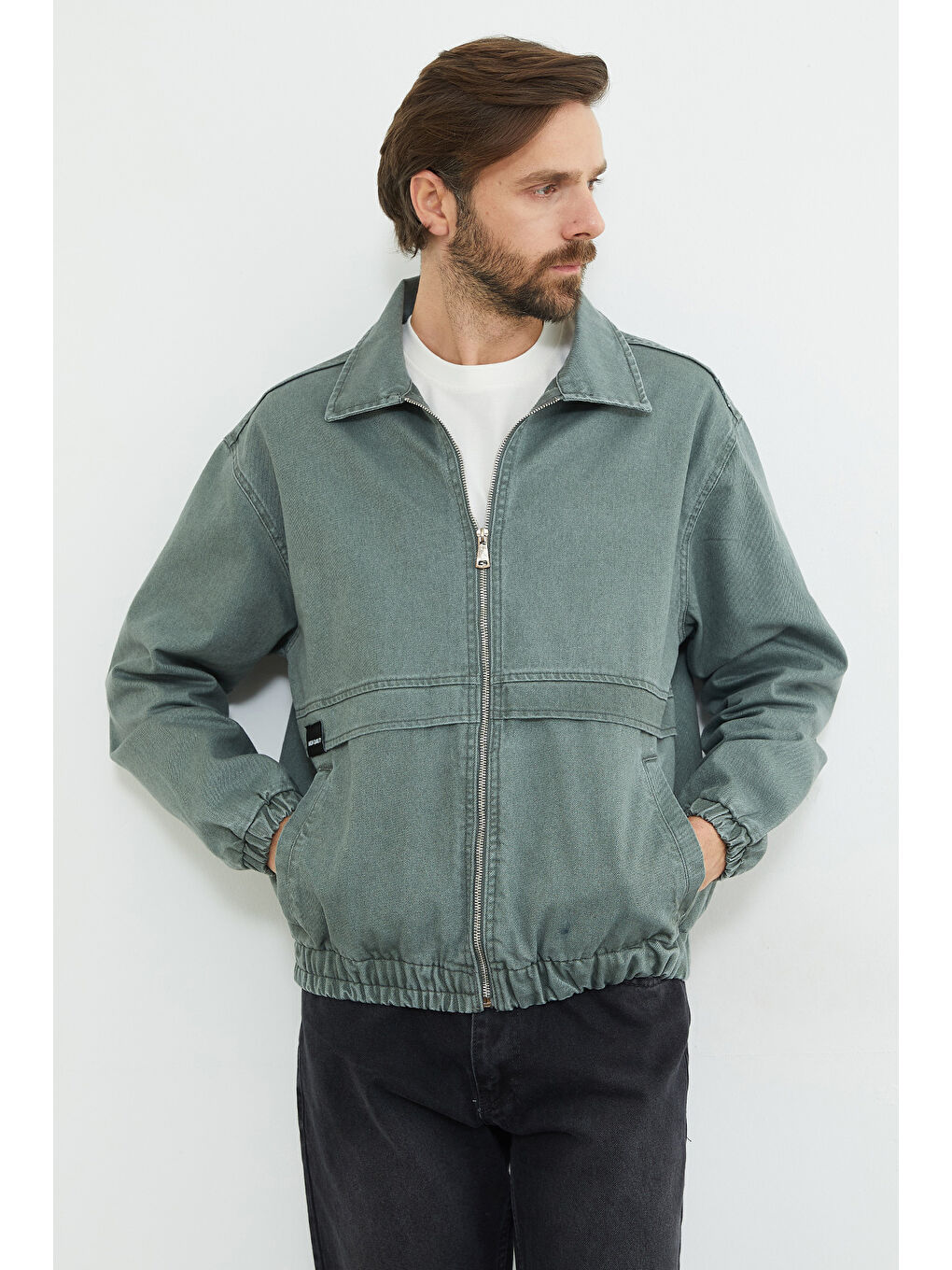 Yeşil Fermuarlı Polo Yaka Oversize Jean Ceket