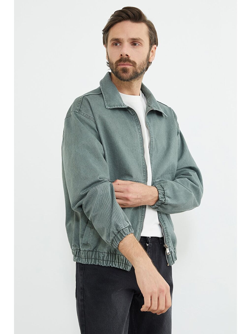 Yeşil Fermuarlı Polo Yaka Oversize Jean Ceket-1