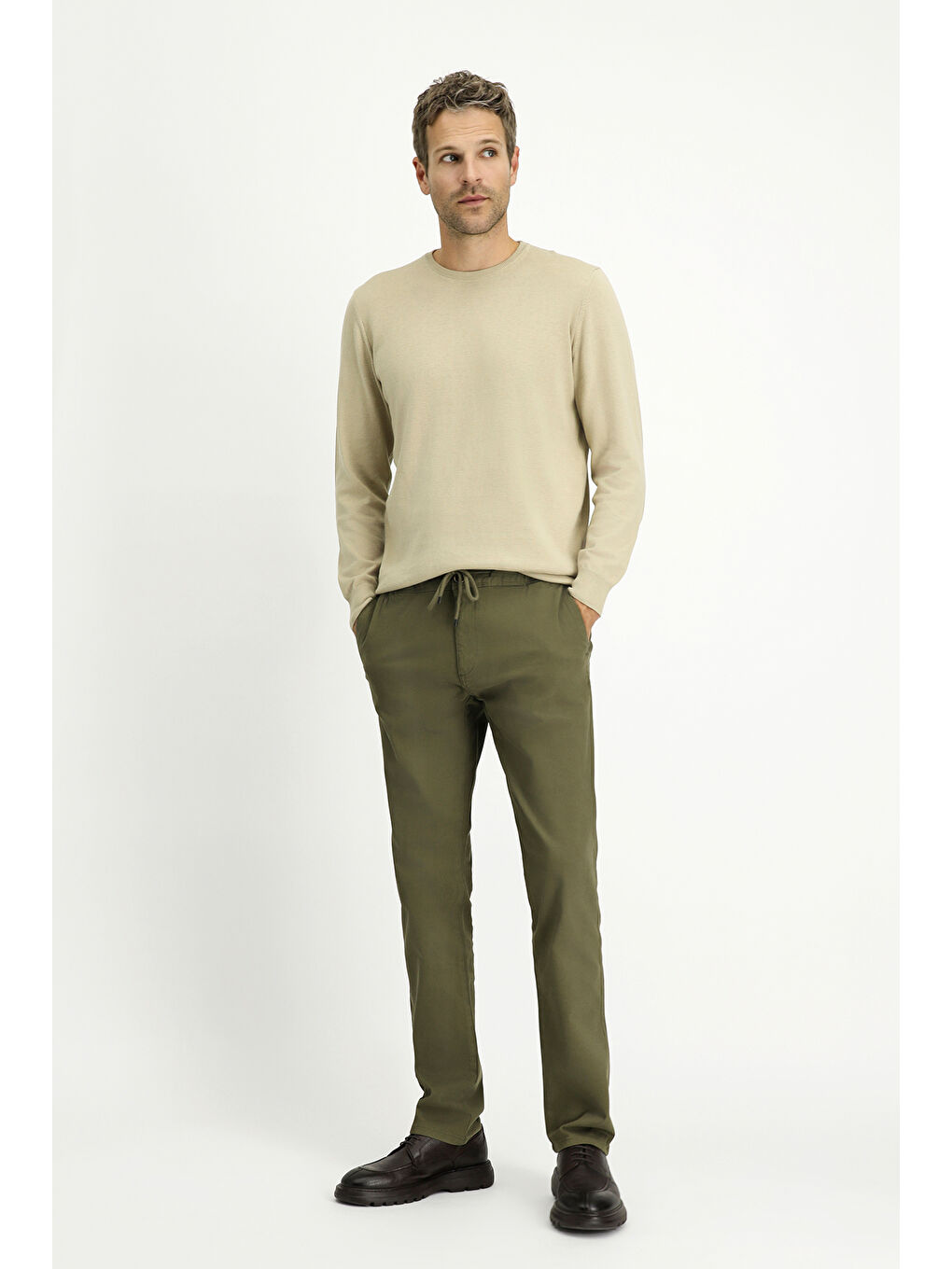 Haki Regular Fit Elastanlı Beli Lastikli İpli Pantolon