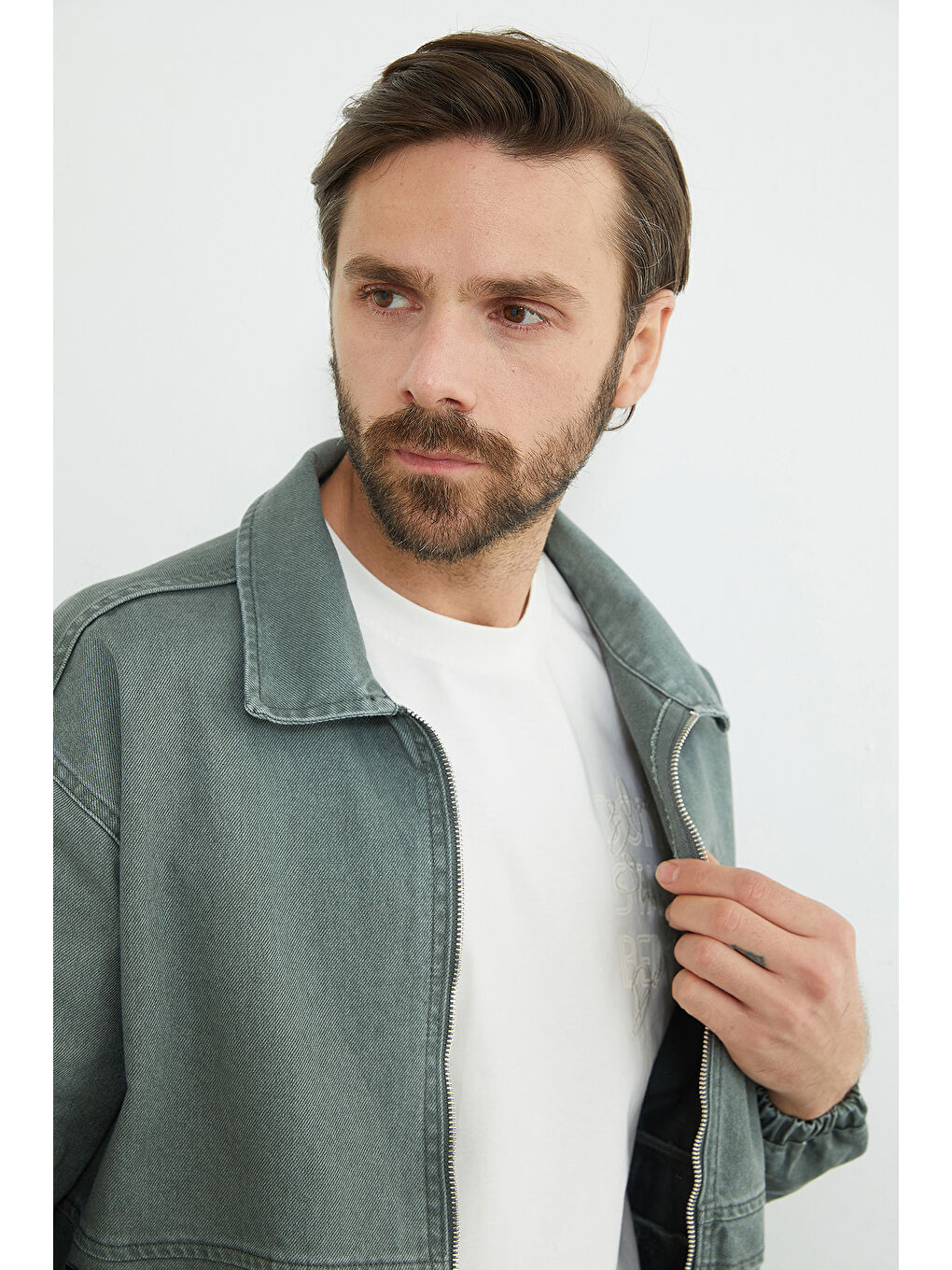 Yeşil Fermuarlı Polo Yaka Oversize Jean Ceket-2