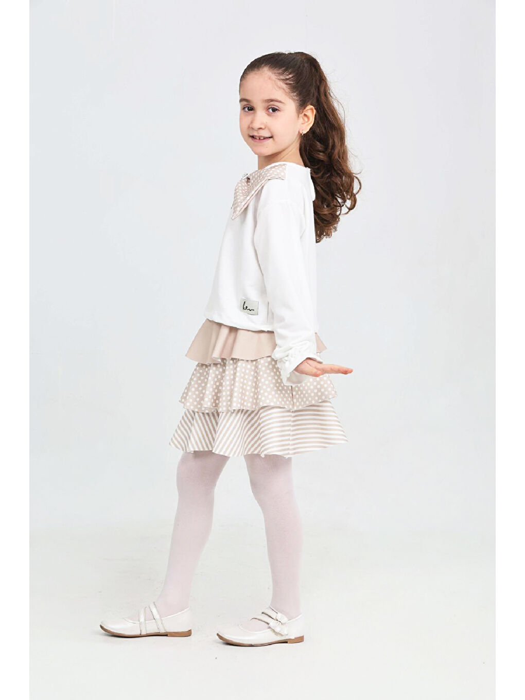 Ekru Kız Çocuk 2'li Elbise -Kat Kat Etekli ve Fiyonk Detaylı 3-12 Yaş 12520-1