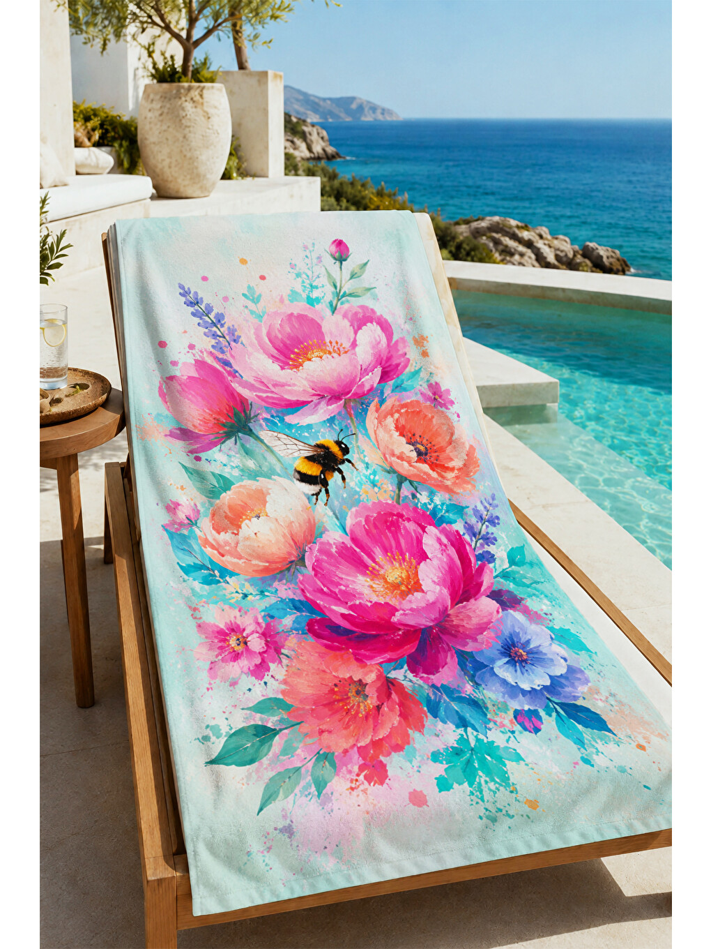 Pastel Suluboya Pembe Çiçek Buketi Mavi Desenli 70x150 Plaj Havlusu - Pamuklu Banyo Havlusu