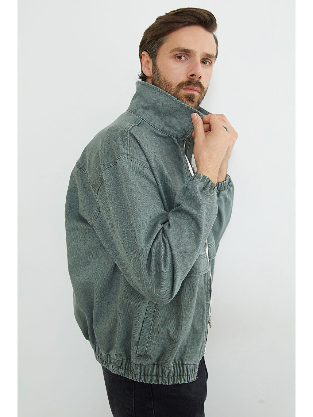 Yeşil Fermuarlı Polo Yaka Oversize Jean Ceket-3