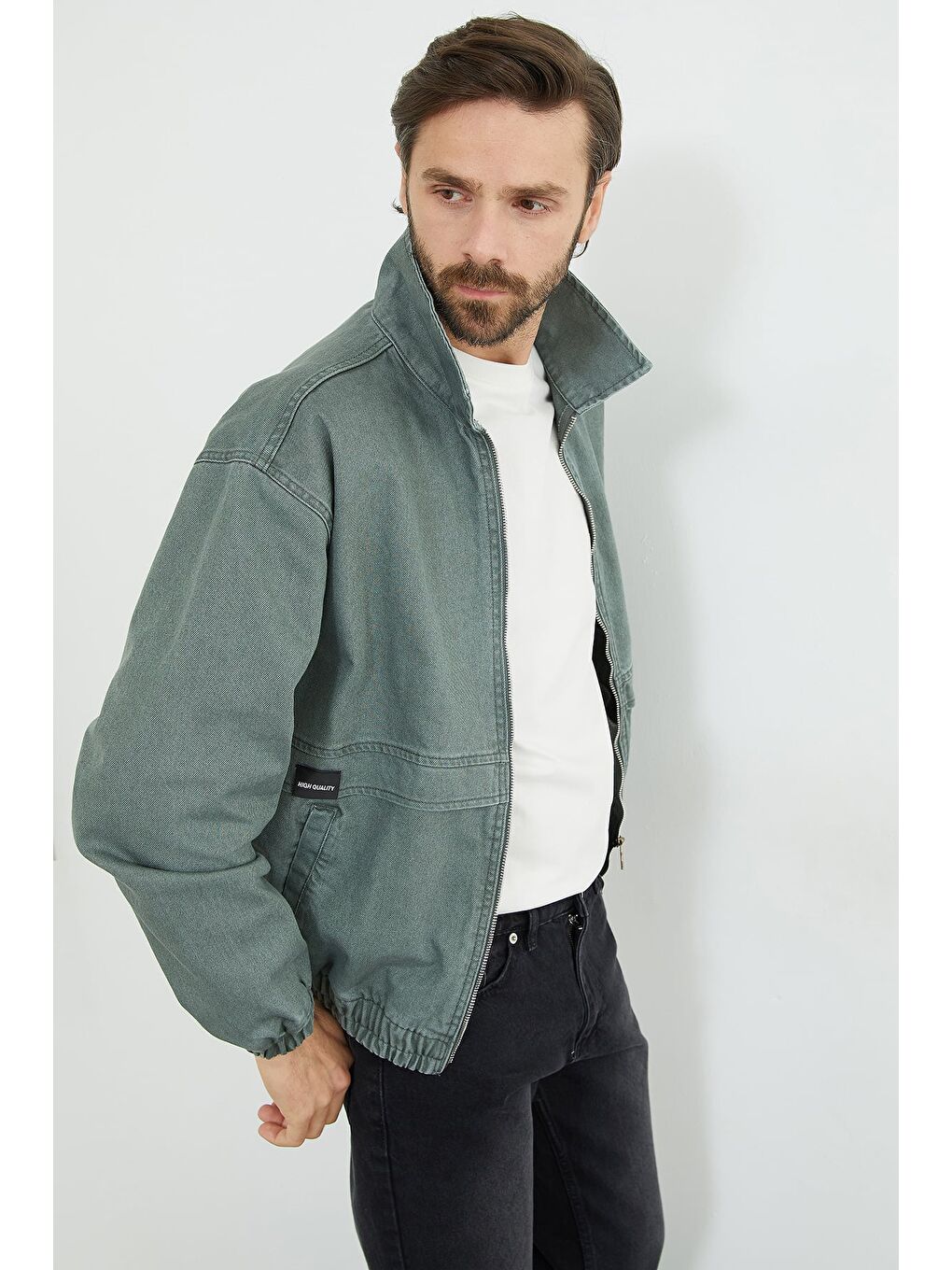 Yeşil Fermuarlı Polo Yaka Oversize Jean Ceket-4