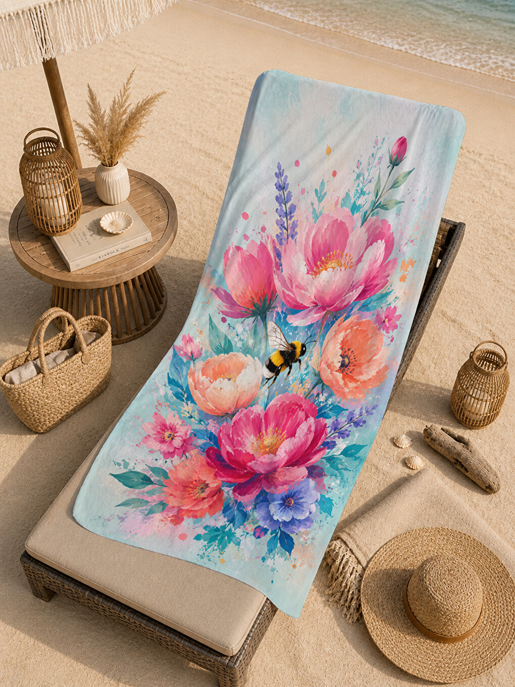 Pastel Suluboya Pembe Çiçek Buketi Mavi Desenli 70x150 Plaj Havlusu - Pamuklu Banyo Havlusu-1