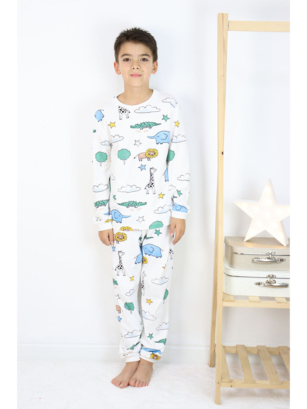 Harika KIDS Beyaz Erkek Çocuk Baskılı interlok Kumaş Uzun Kollu Pijama Takımı - 6