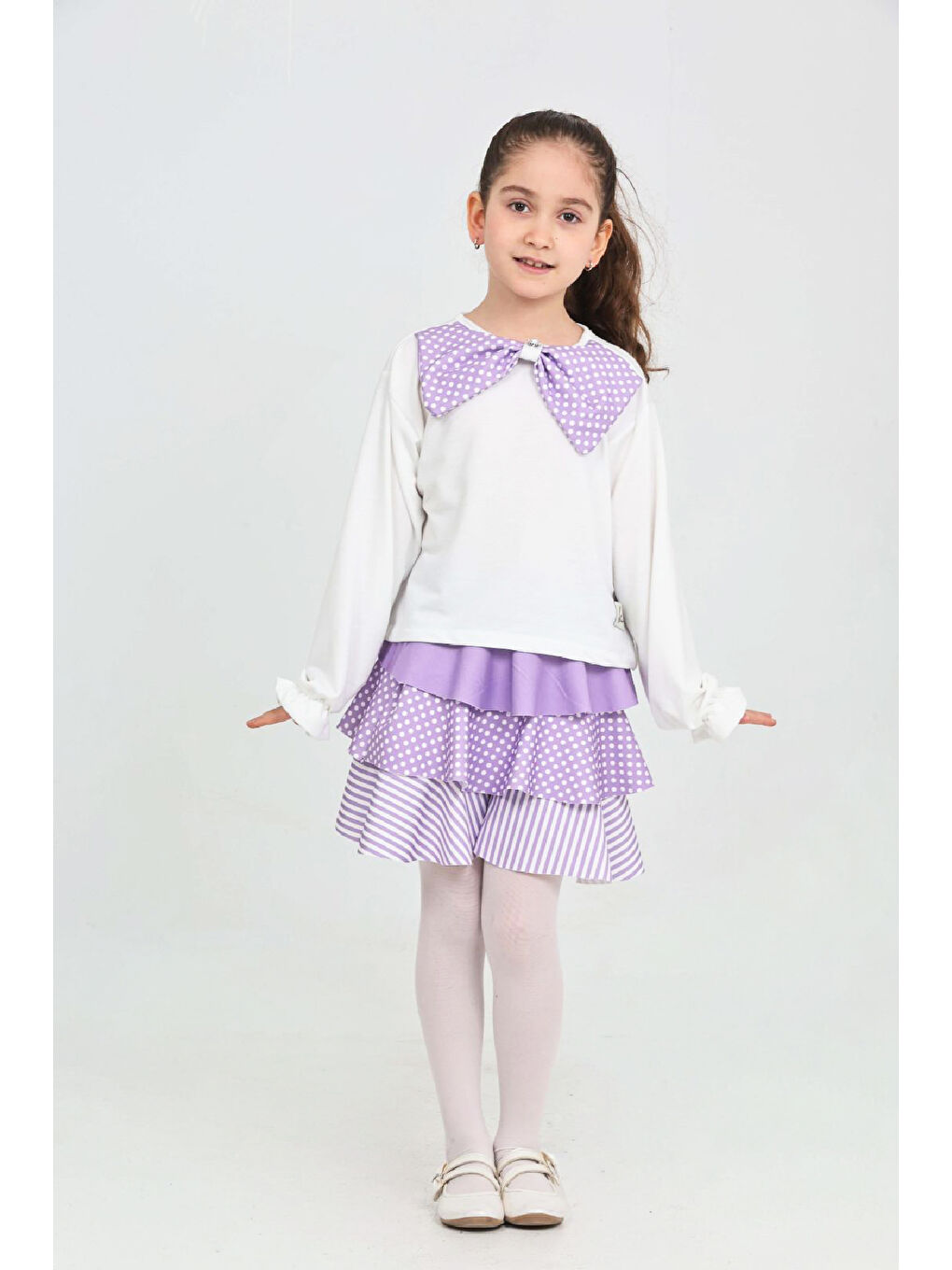 Lila Kız Çocuk 2'li Elbise -Kat Kat Etekli ve Fiyonk Detaylı 3-12 Yaş 12520