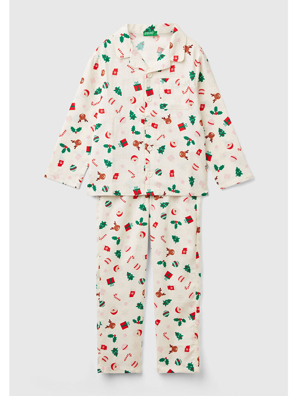 Erkek Çocuk Beyaz Tamamı Desenli Göğüs Cepli Altı Elastik Belli Pijama Takımı