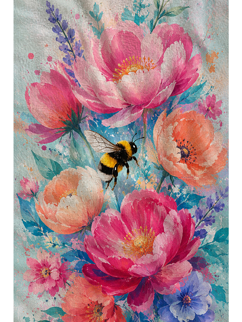 Pastel Suluboya Pembe Çiçek Buketi Mavi Desenli 70x150 Plaj Havlusu - Pamuklu Banyo Havlusu-2