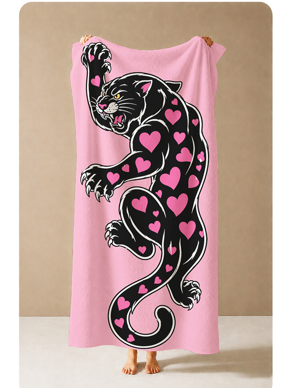 Tattoo Stil Pembe Siyah Leopar Kalp Motifli Desenli 70x150 Plaj Havlusu - Pamuklu Banyo Havlusu