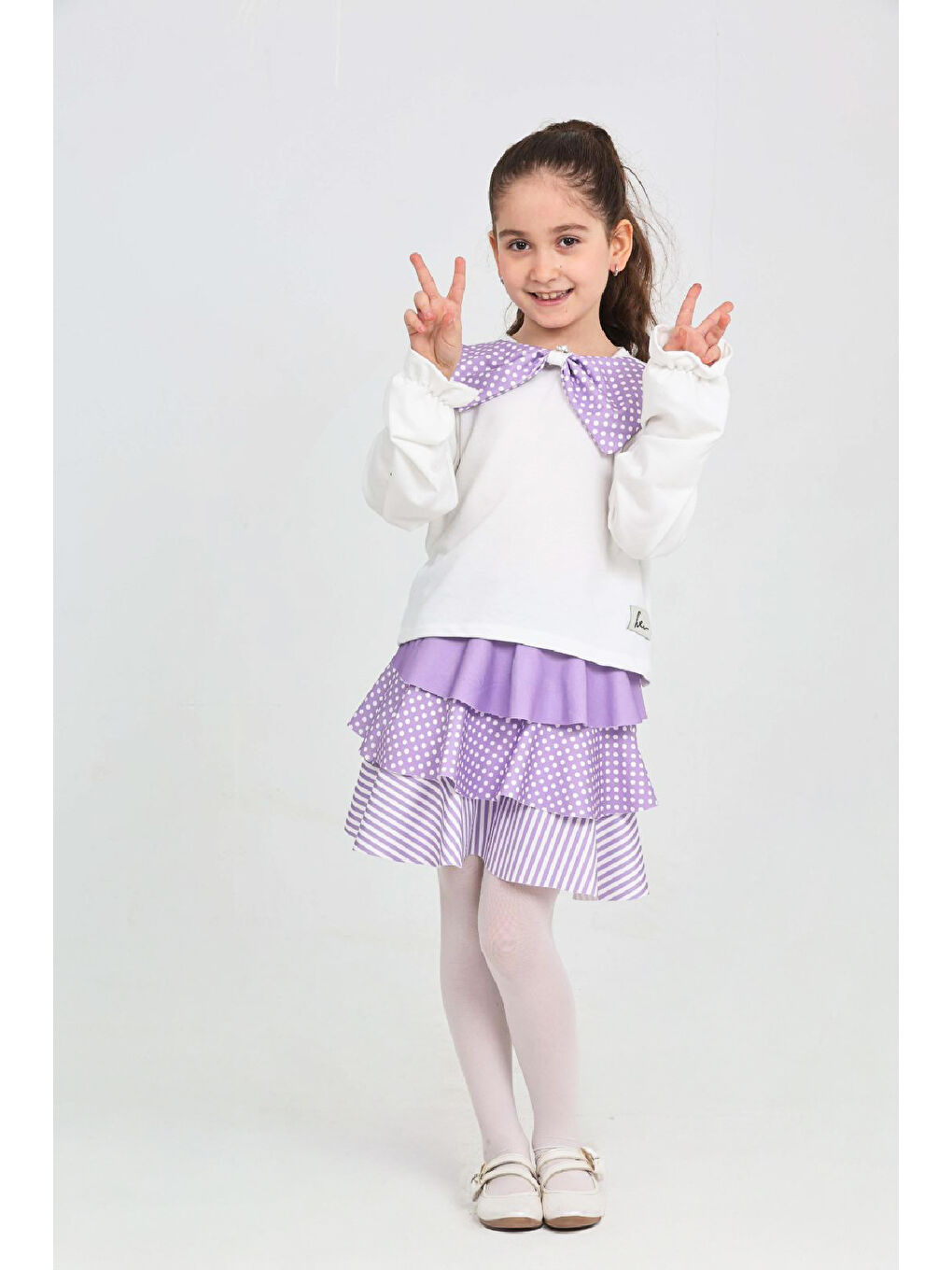 Lila Kız Çocuk 2'li Elbise -Kat Kat Etekli ve Fiyonk Detaylı 3-12 Yaş 12520-1