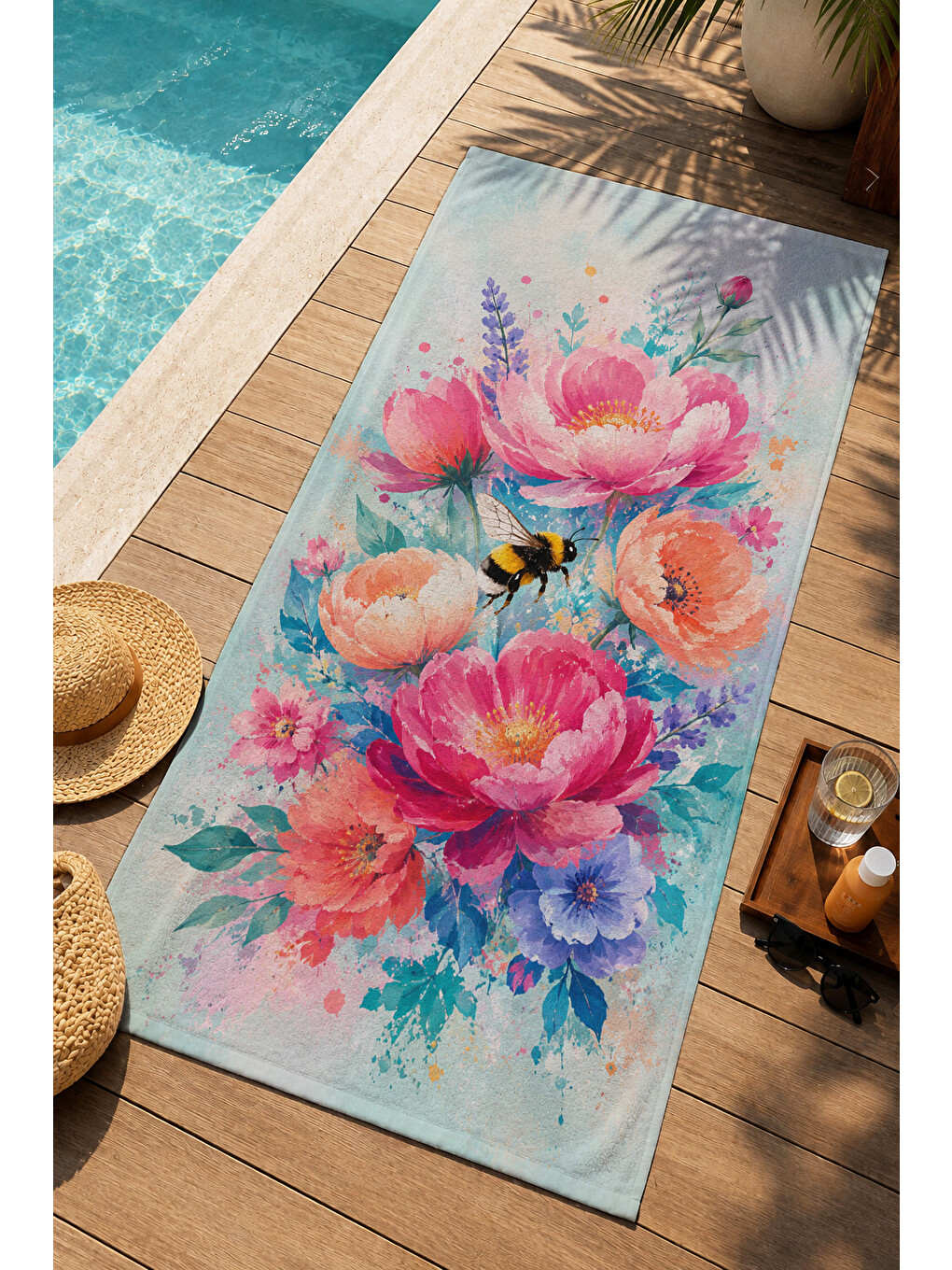 Pastel Suluboya Pembe Çiçek Buketi Mavi Desenli 70x150 Plaj Havlusu - Pamuklu Banyo Havlusu-3