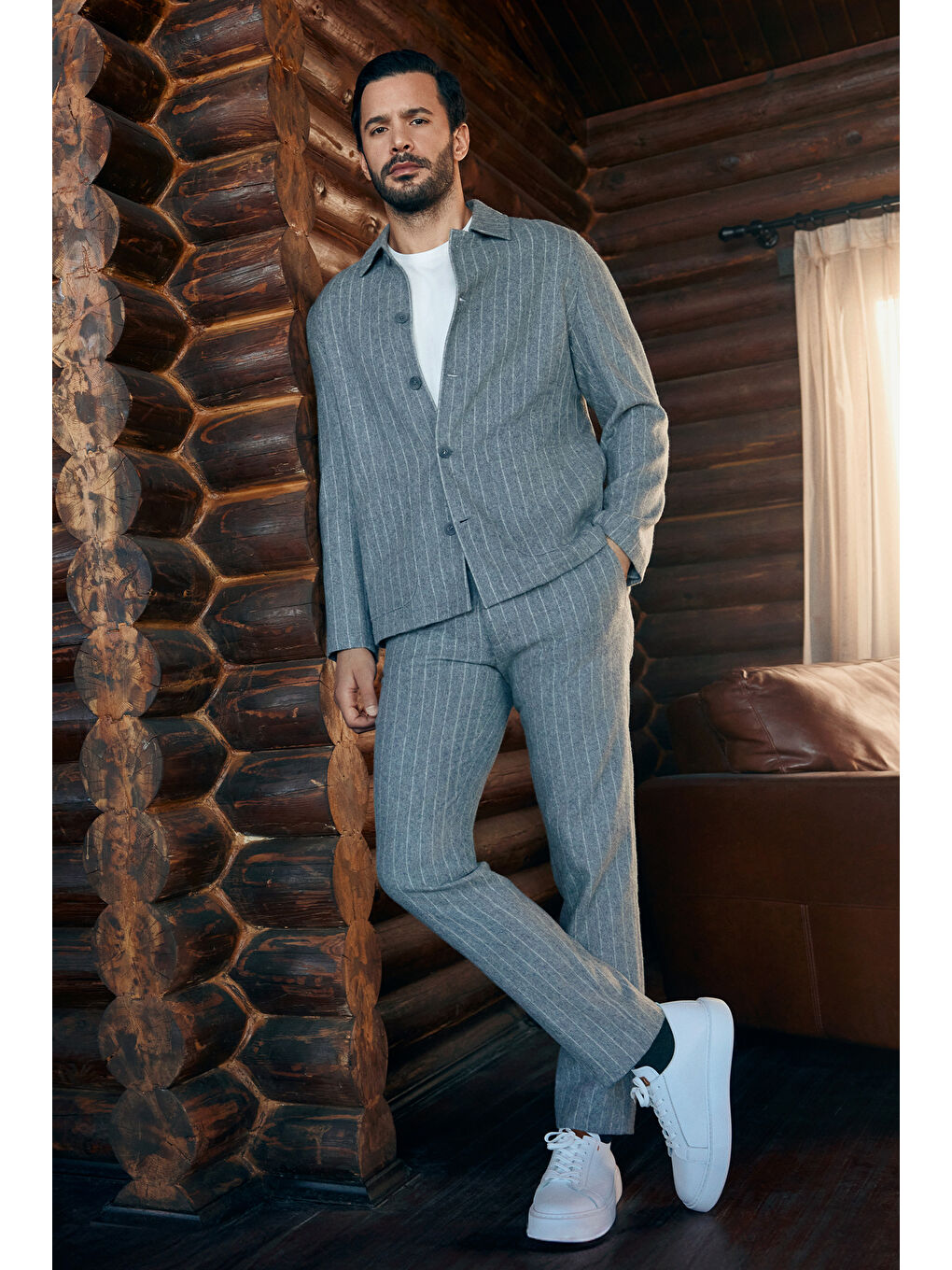 Gri Slim Fit Dar Kesim Yünlü Beli Lastikli İpli Çizgili Klasik Kumaş Pantolon