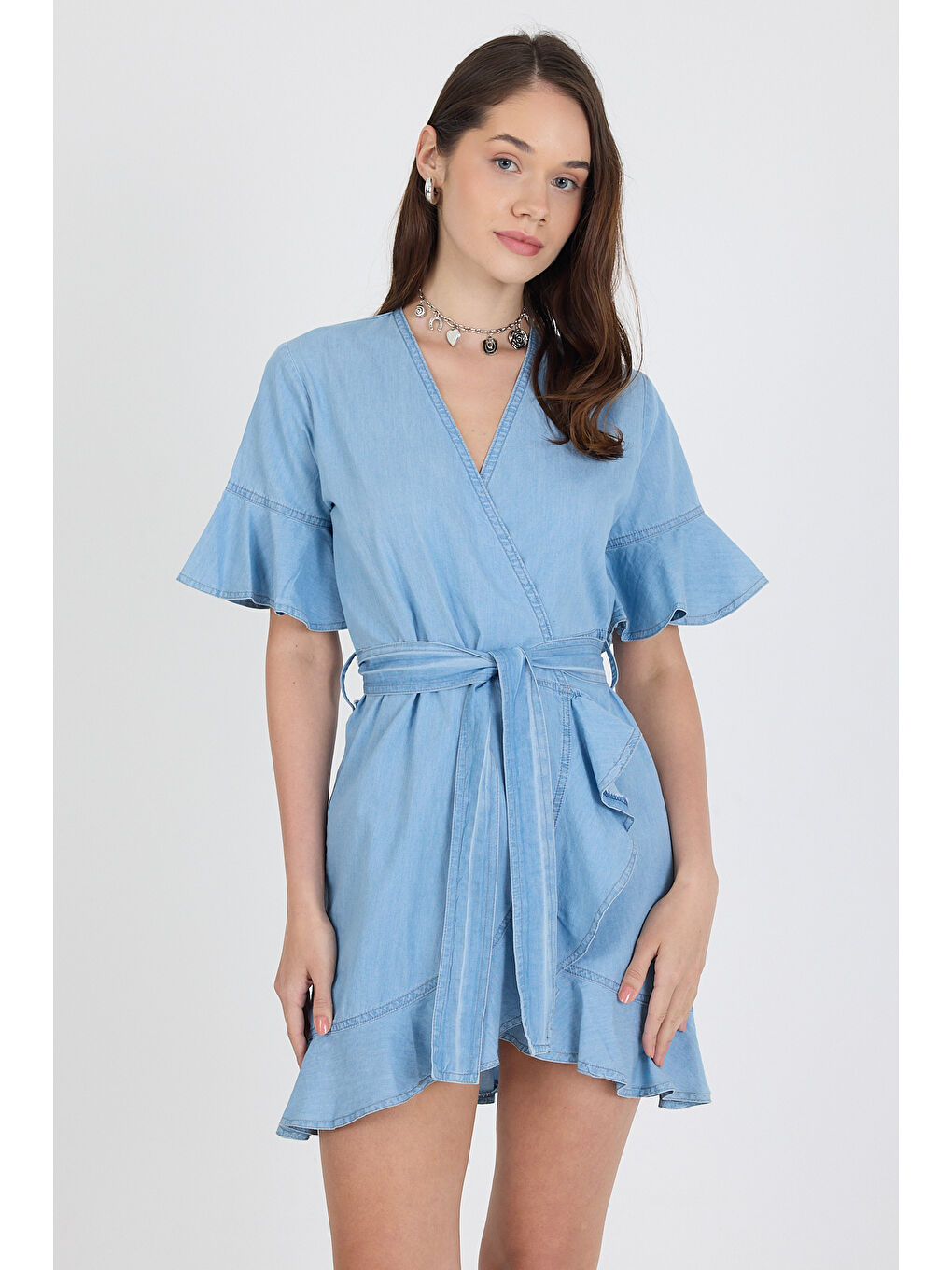 Mavi Kadın Kruvaze Önden Bağlamalı Kemerli Jean Görünümlü Elbise 1448