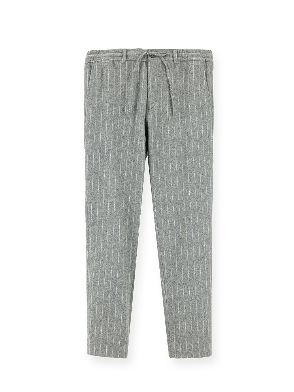 Gri Slim Fit Dar Kesim Yünlü Beli Lastikli İpli Çizgili Klasik Kumaş Pantolon-2