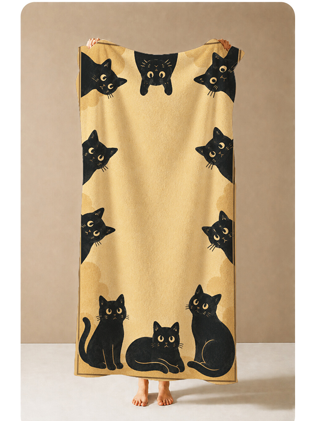 Minimal Siyah Kedi Figürlü Bej Desenli 70x150 Plaj Havlusu - Dijital Baskılı Solmaz Banyo Havlusu-2