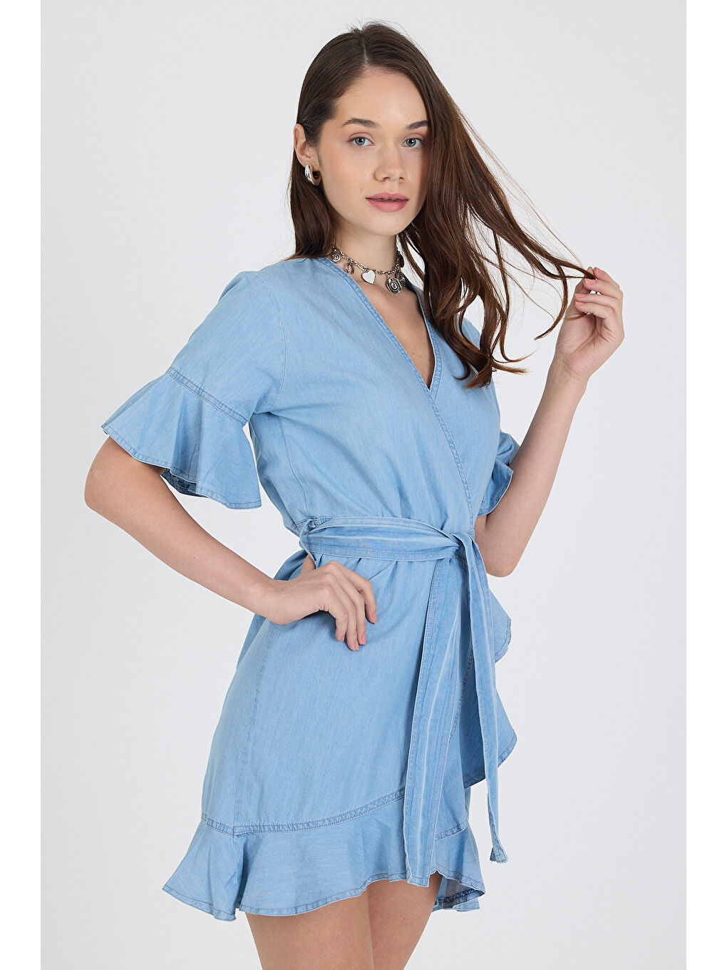 Mavi Kadın Kruvaze Önden Bağlamalı Kemerli Jean Görünümlü Elbise 1448-2