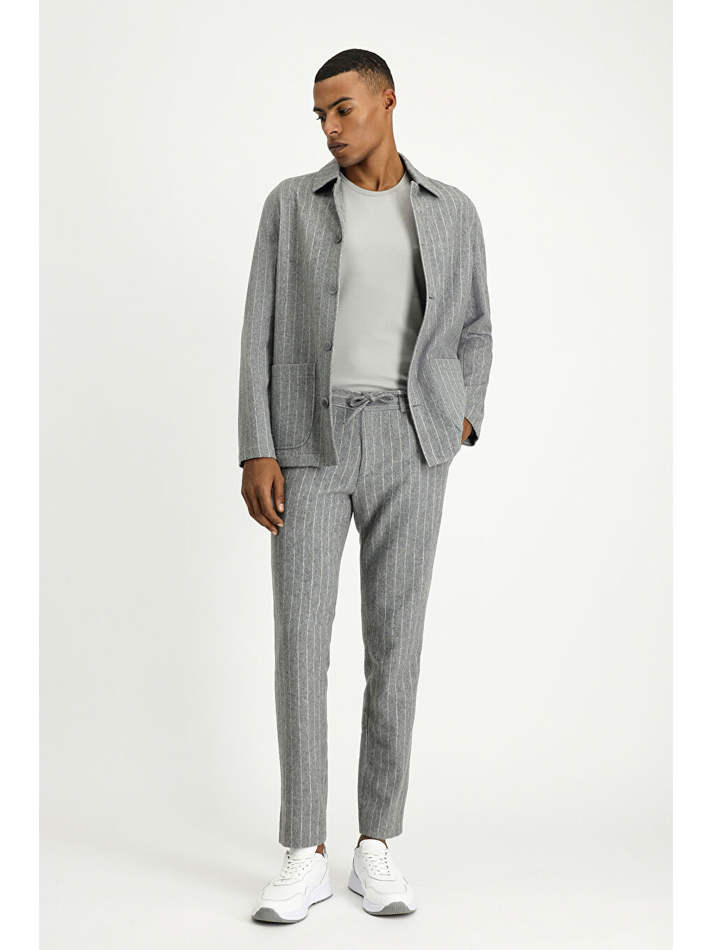 Gri Slim Fit Dar Kesim Yünlü Beli Lastikli İpli Çizgili Klasik Kumaş Pantolon-3