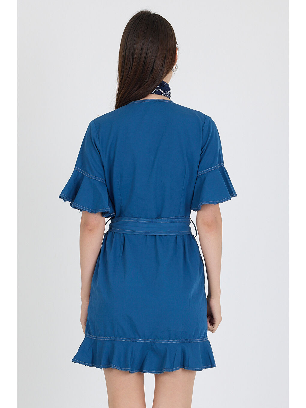 İndigo Kadın Kruvaze Önden Bağlamalı Kemerli Jean Görünümlü Elbise 1448-4