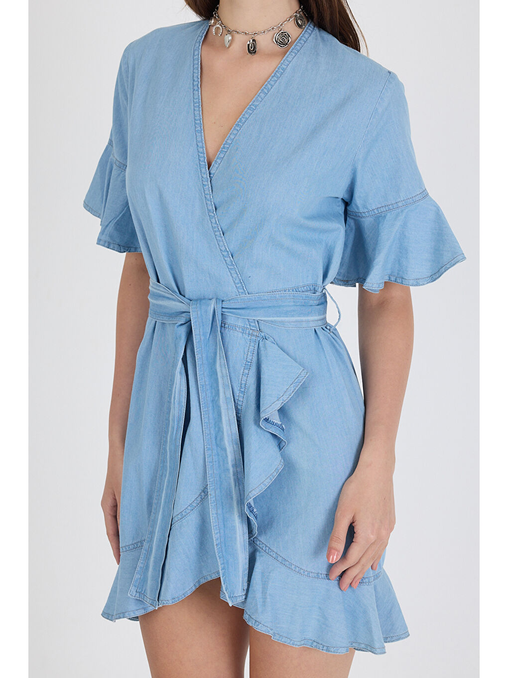 Mavi Kadın Kruvaze Önden Bağlamalı Kemerli Jean Görünümlü Elbise 1448-3