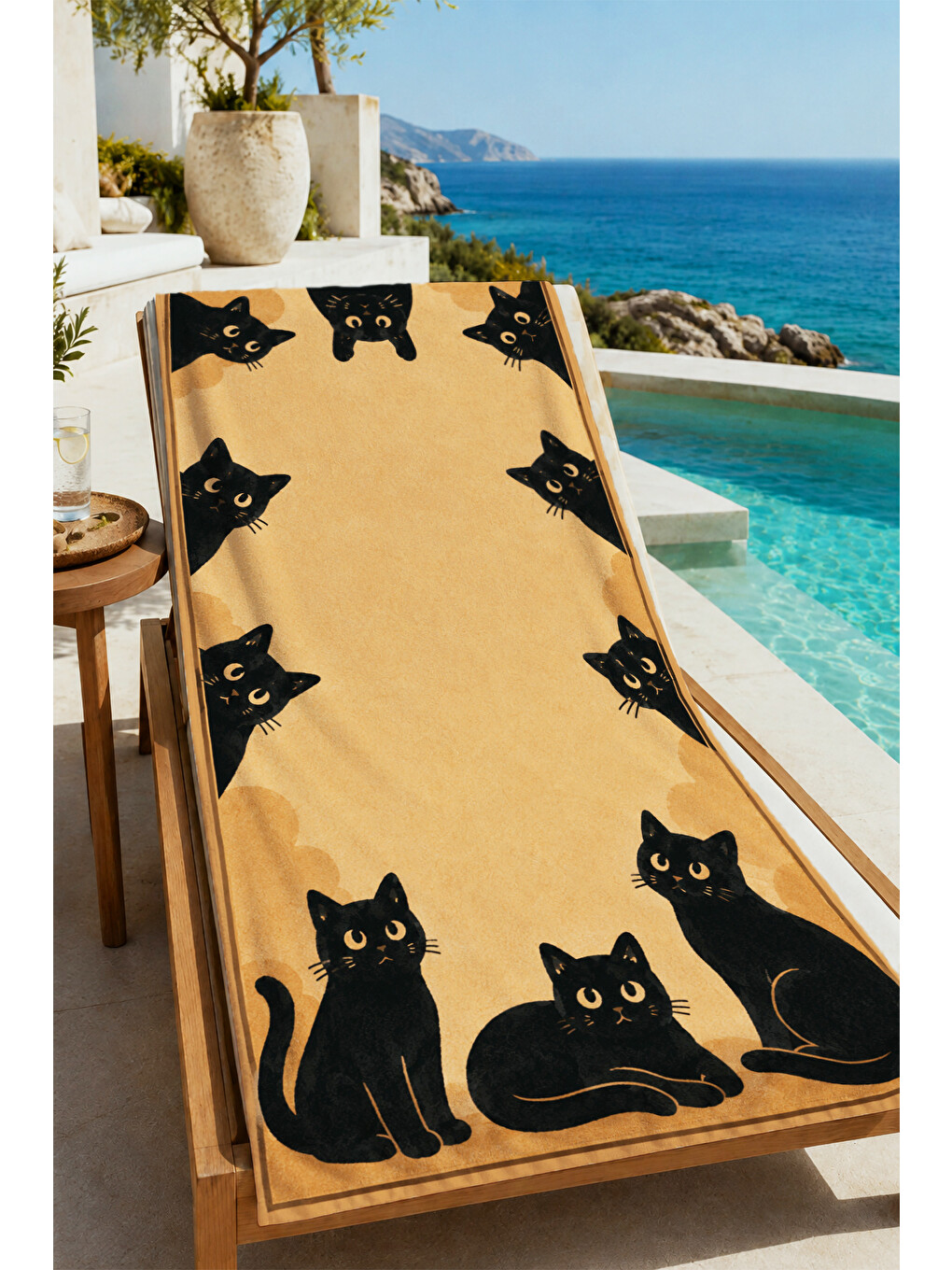 Minimal Siyah Kedi Figürlü Bej Desenli 70x150 Plaj Havlusu - Dijital Baskılı Solmaz Banyo Havlusu-3