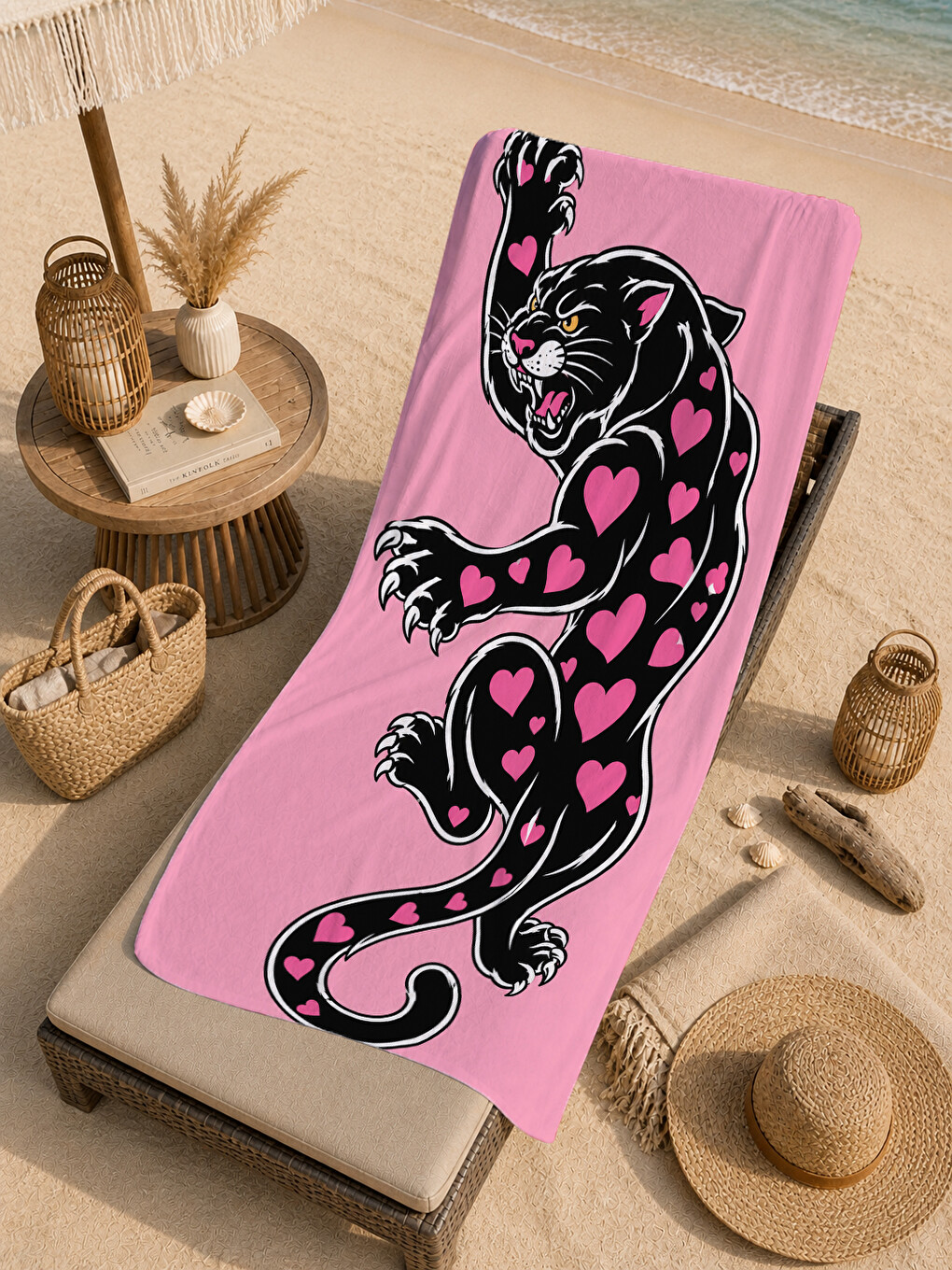 Tattoo Stil Pembe Siyah Leopar Kalp Motifli Desenli 70x150 Plaj Havlusu - Pamuklu Banyo Havlusu-2