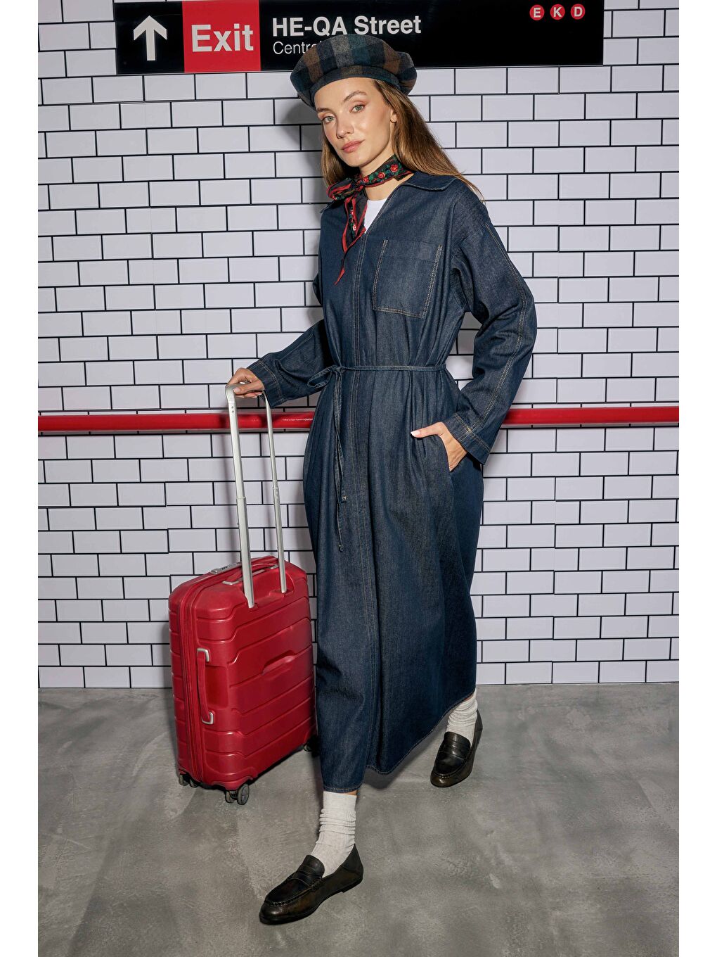 Uzun Denim Elbise Mavi