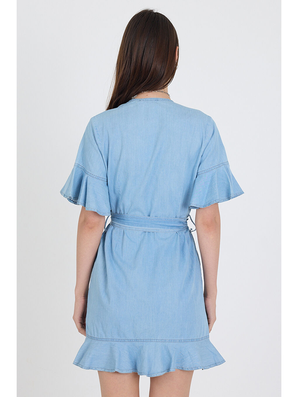 Mavi Kadın Kruvaze Önden Bağlamalı Kemerli Jean Görünümlü Elbise 1448-4